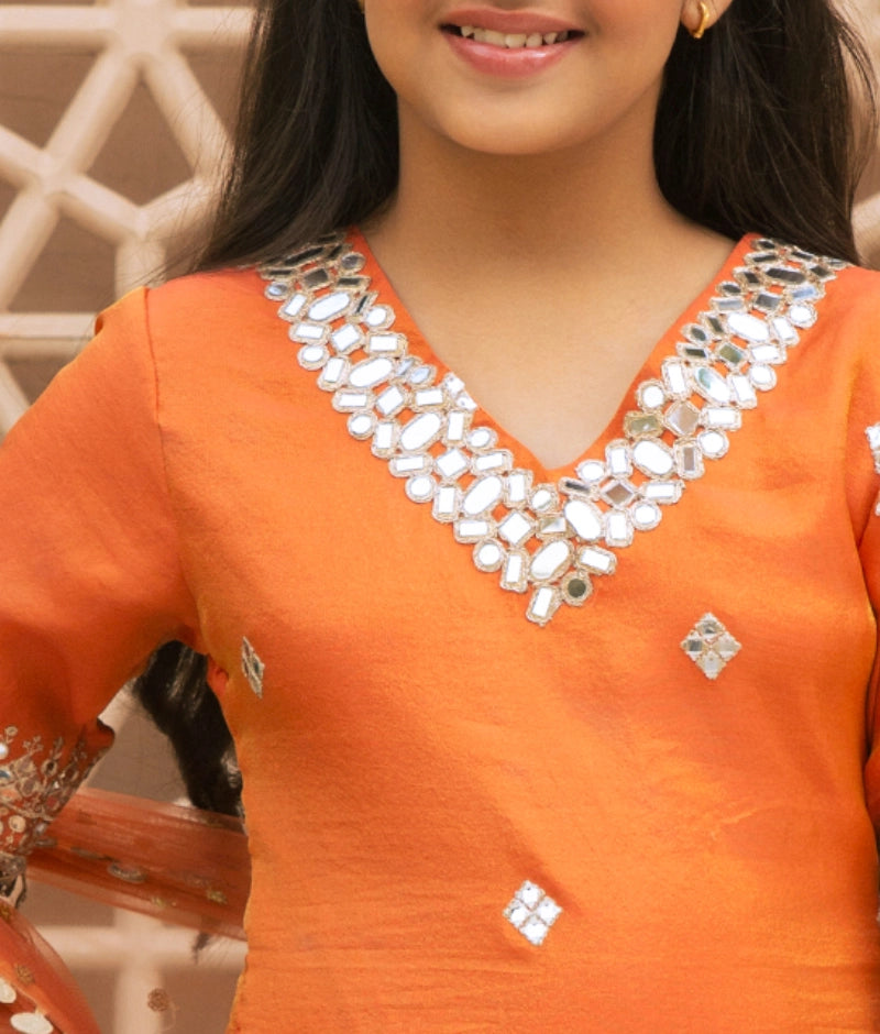 Orange Mirror Embroidered Kurti Sharara Set