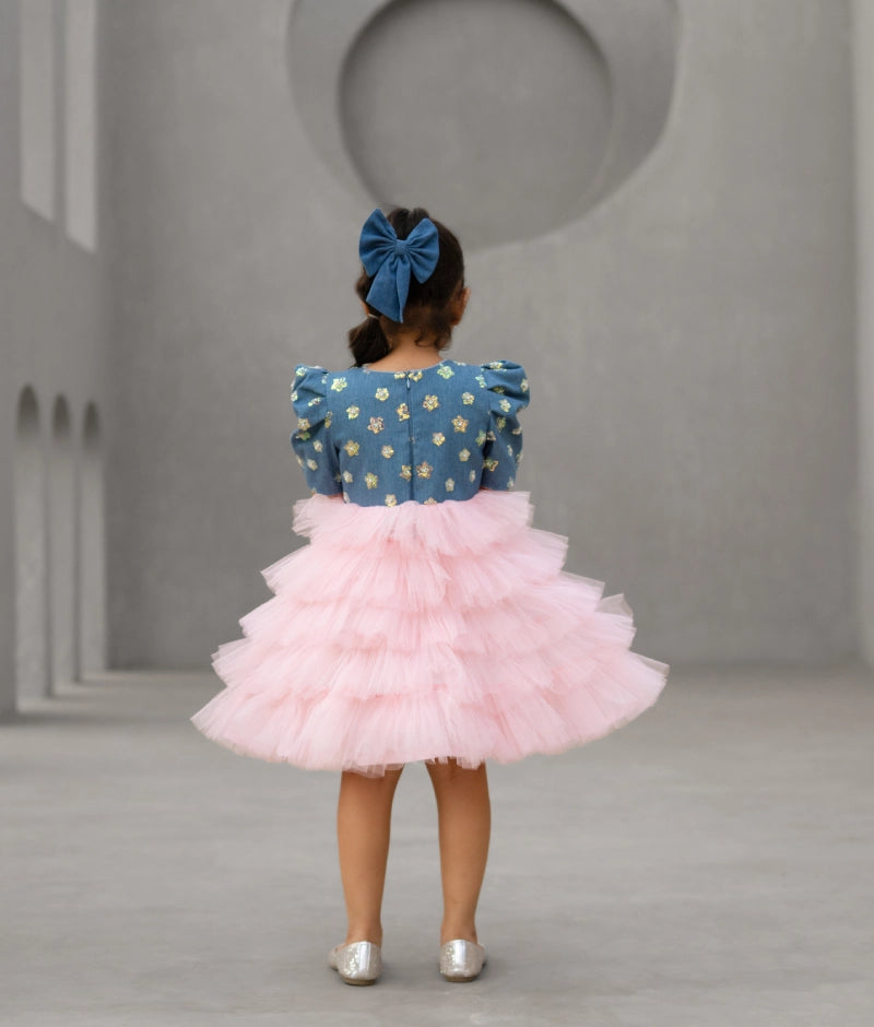 Denim & Baby Pink Shimmer Frock