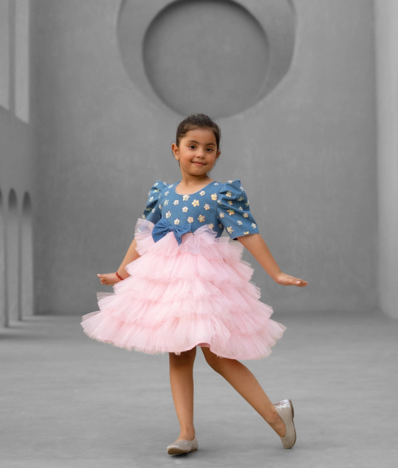 Denim & Baby Pink Shimmer Frock