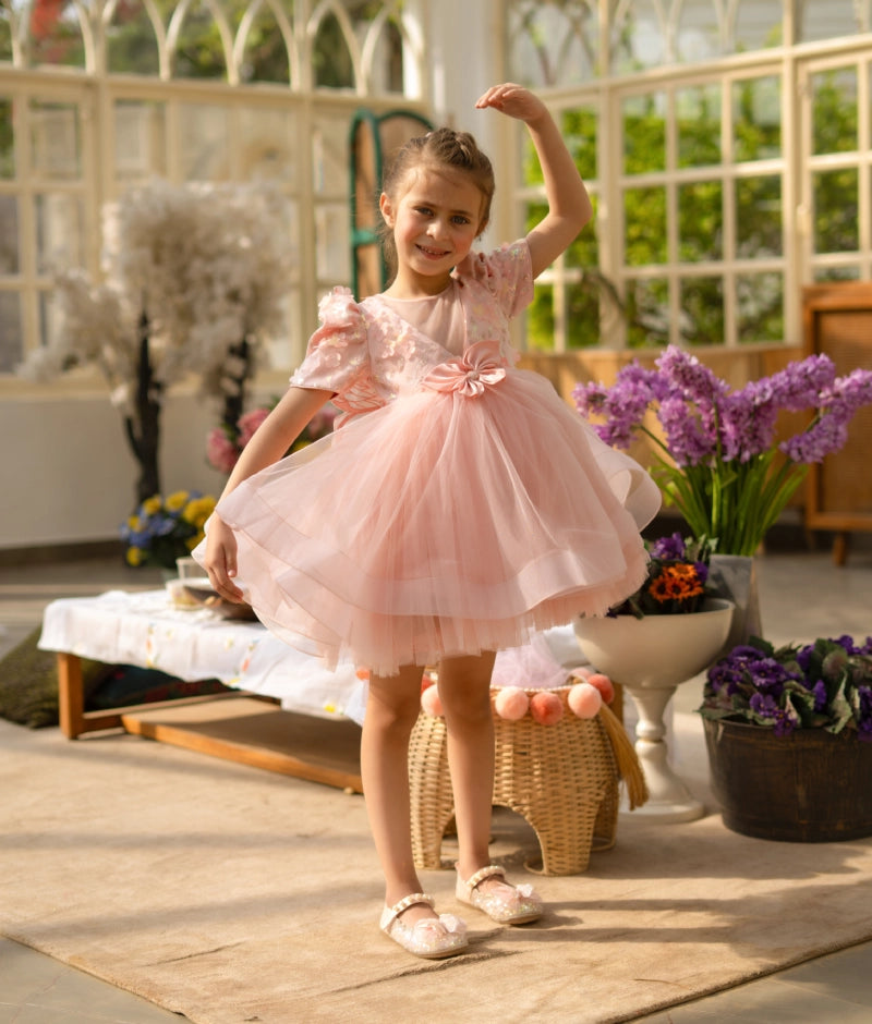 Peach 3D Flower Party Frock