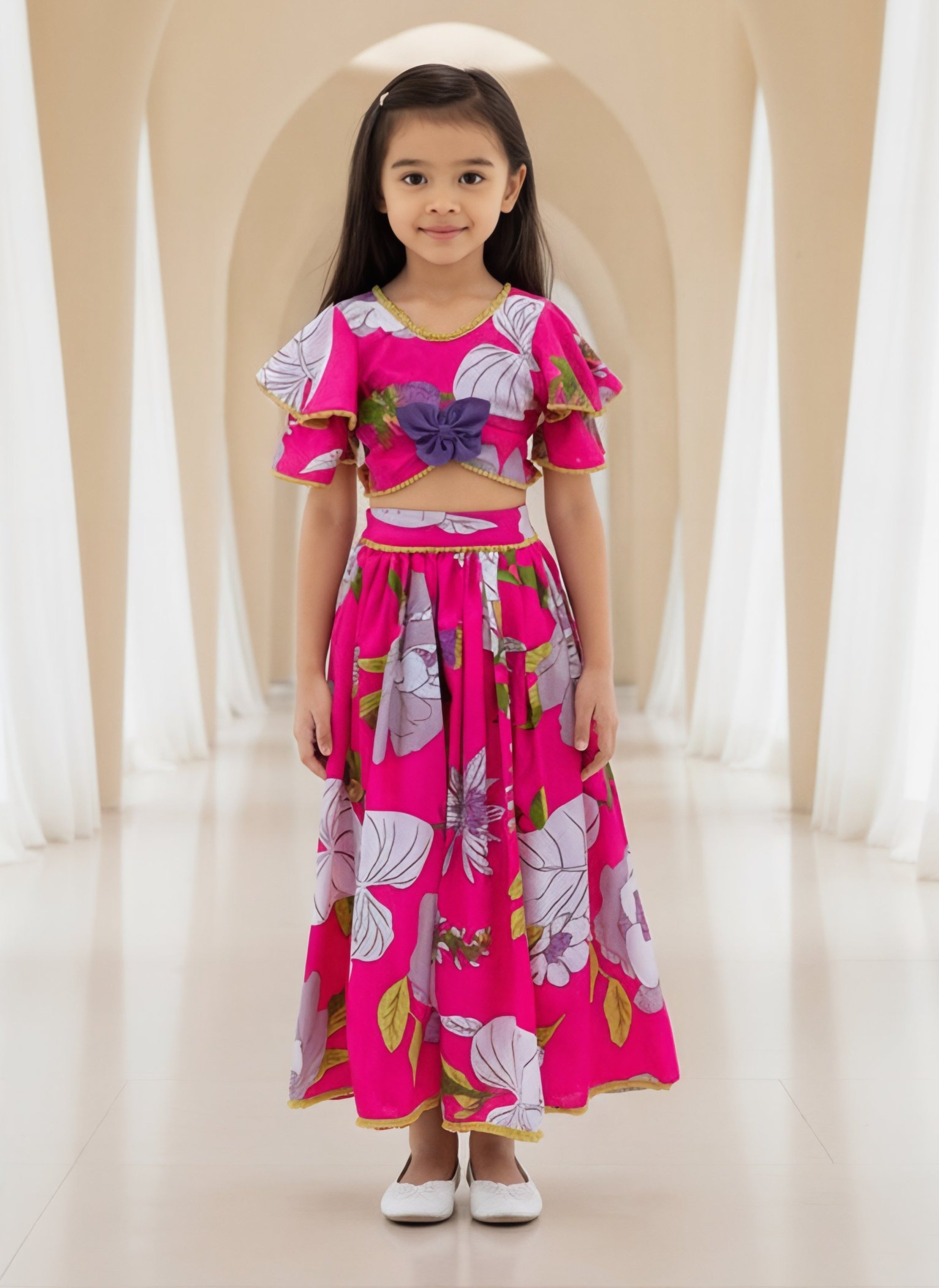 Pink Printed Top with Lehenga