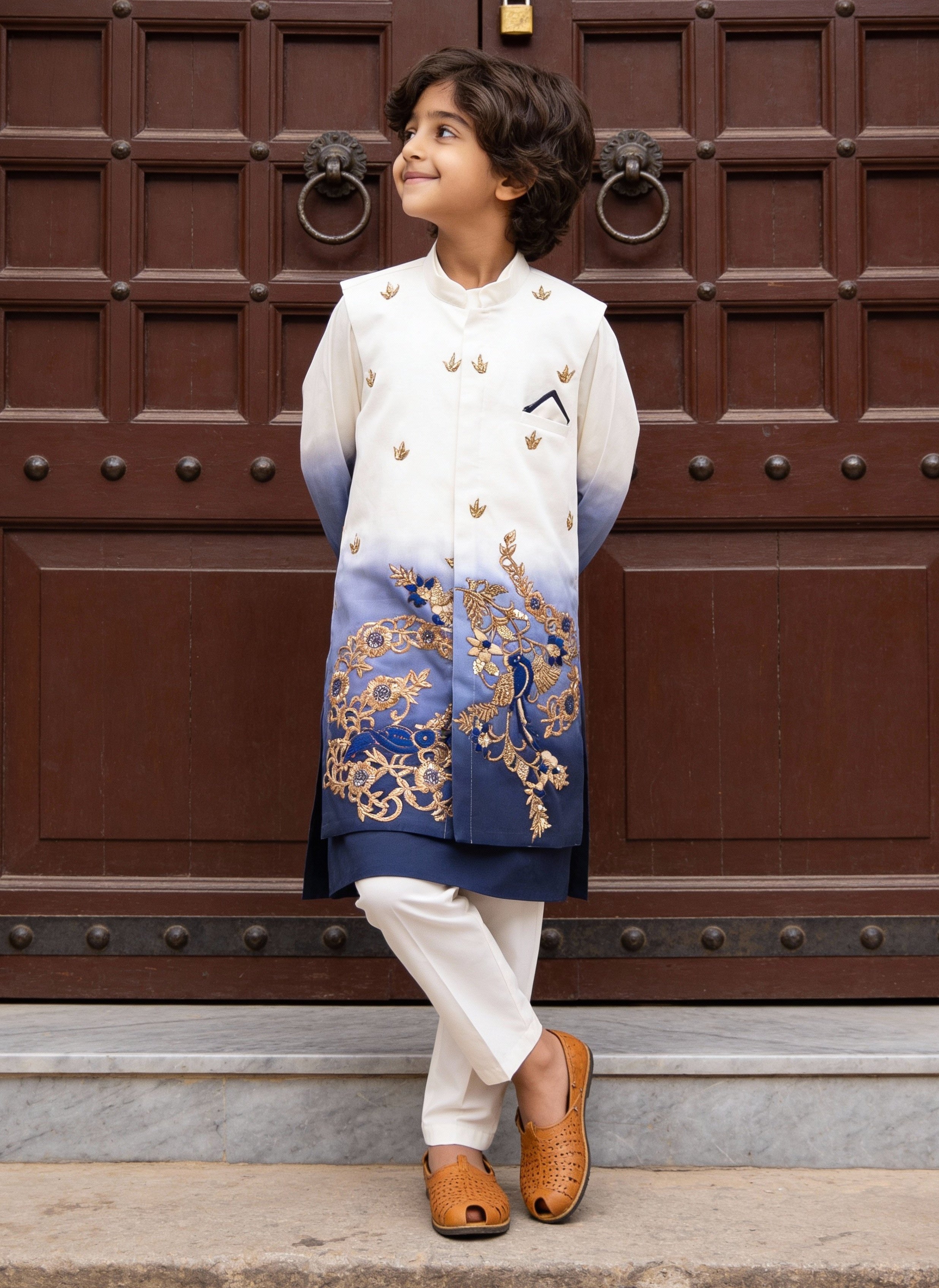 Blue Ombre Embroidered Nehru Jacket Set