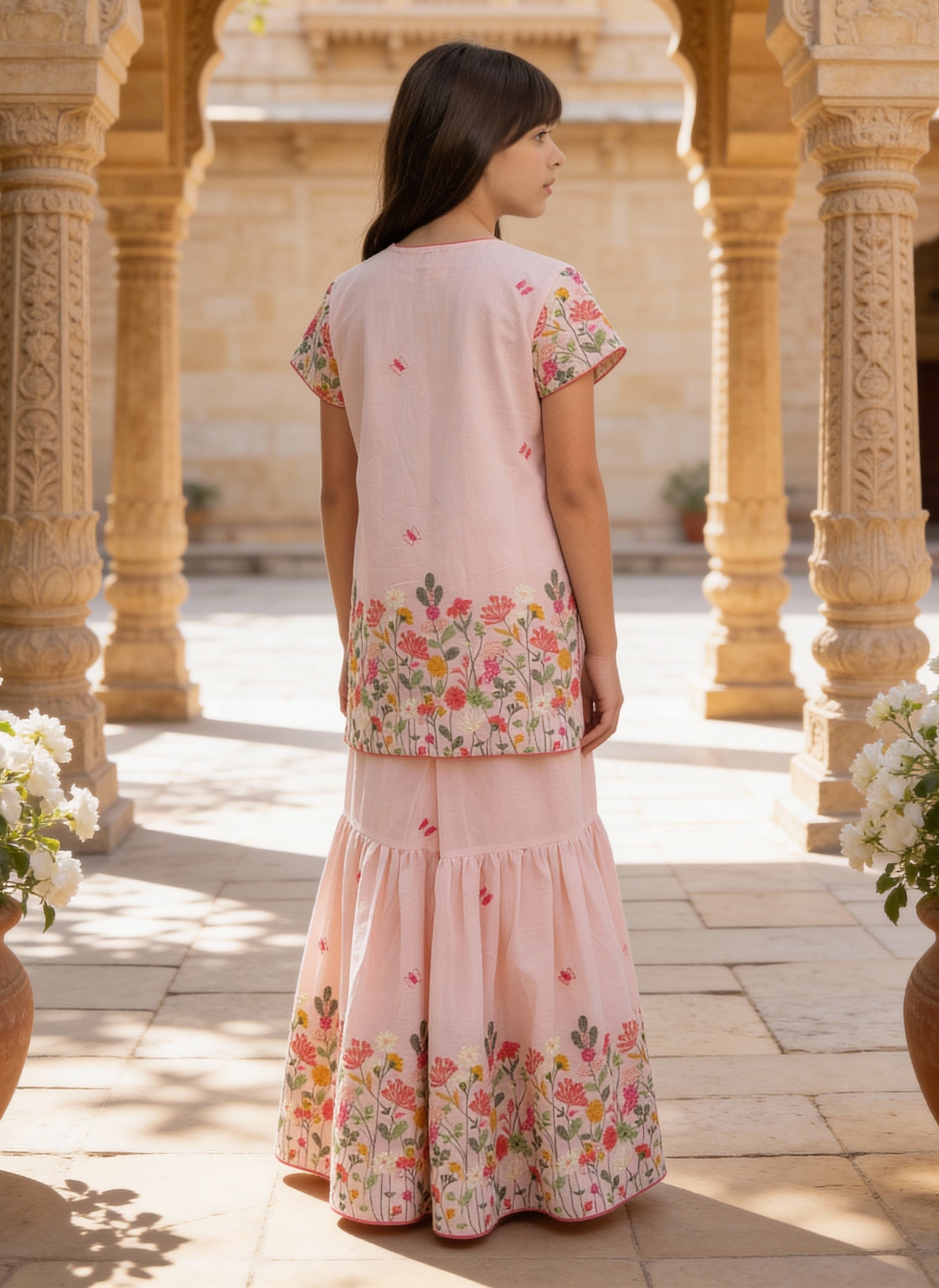 Peach Embroidered Kurti Sharara Set