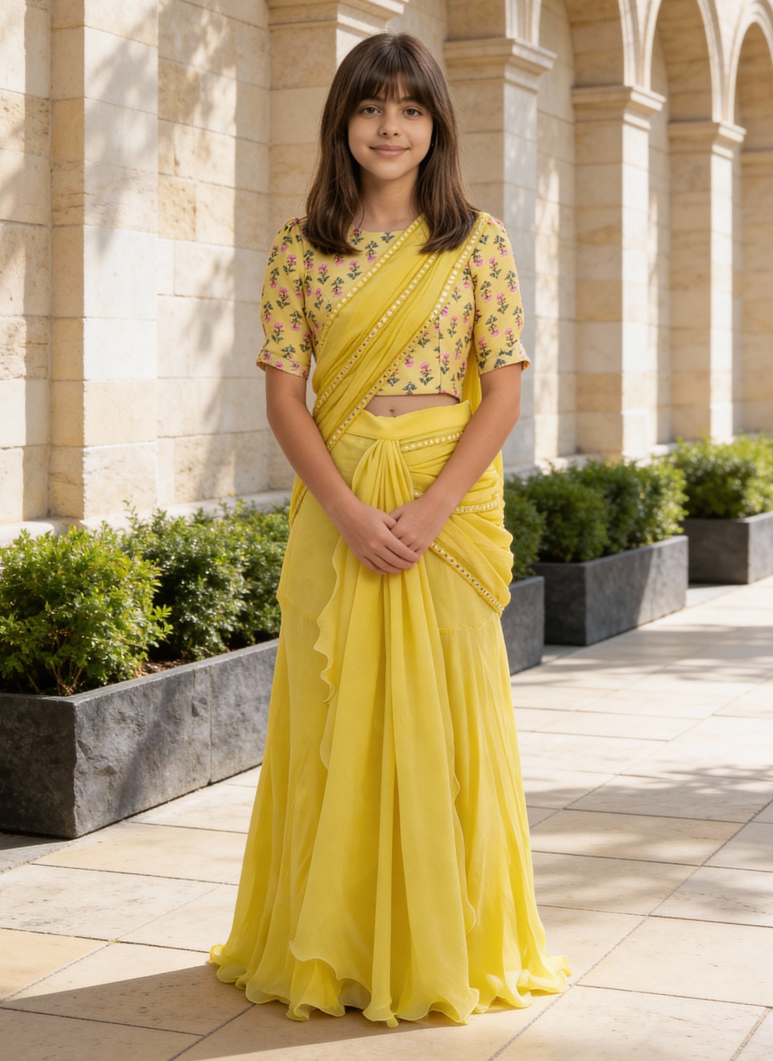 Yellow Printed Choli with Lehenga Saree