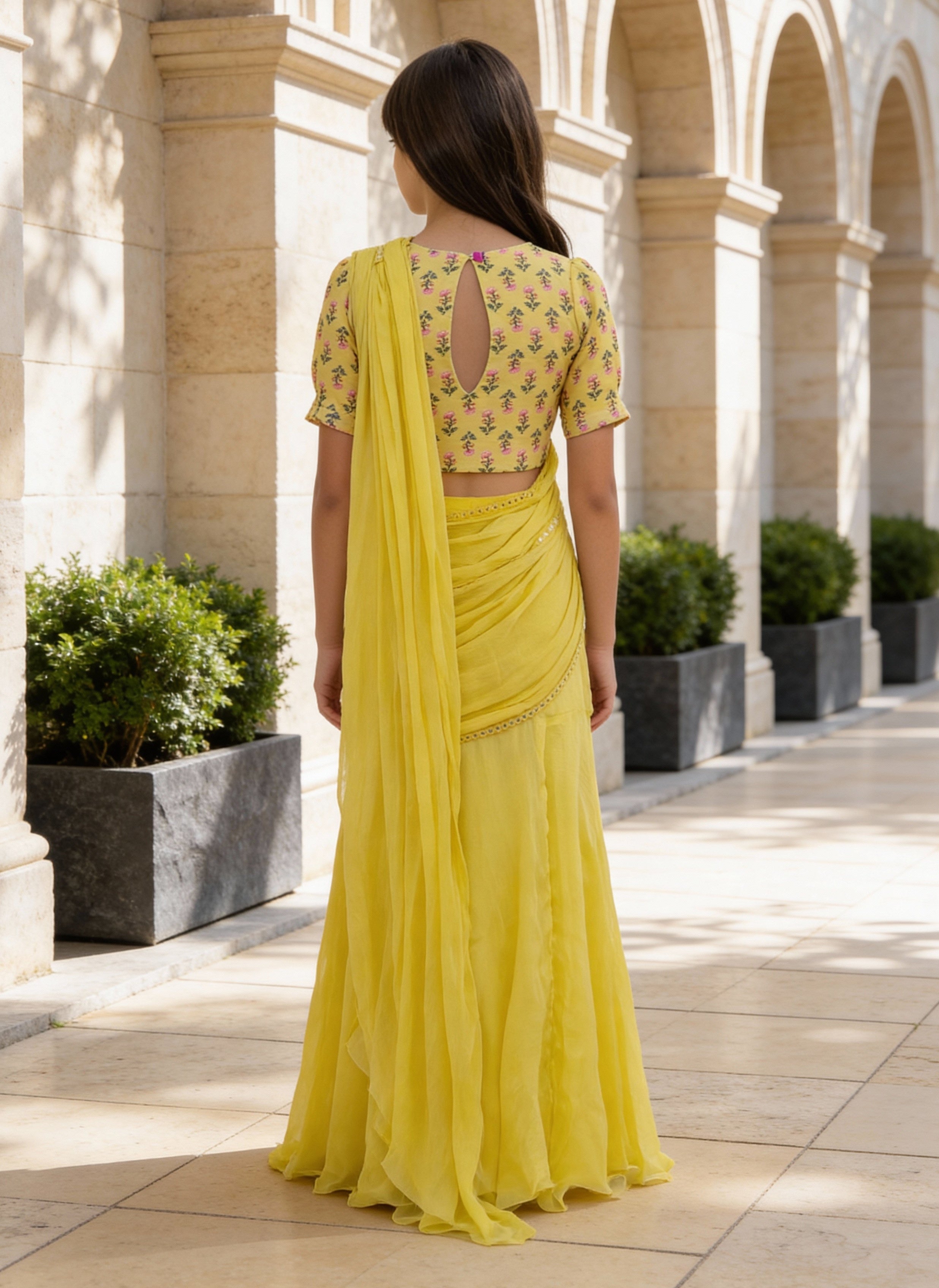 Yellow Printed Choli with Lehenga Saree