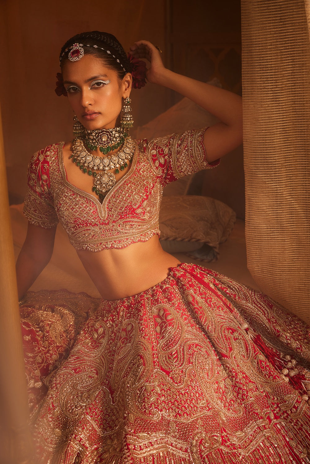 Red heavily embroidered lehenga