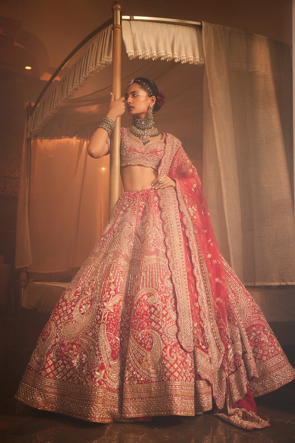 Red heavily embroidered lehenga
