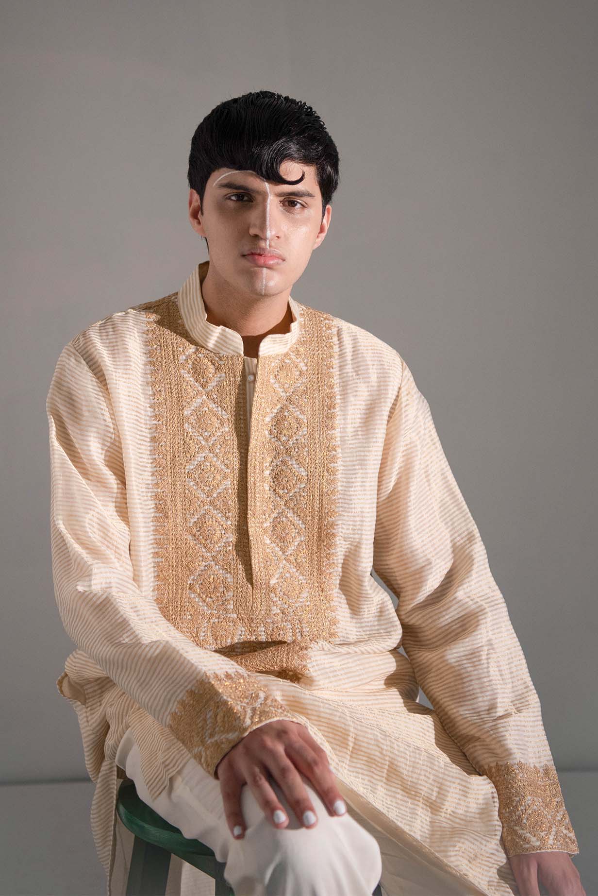 Chanderi Ivory Garland Gala Kurta With Pants