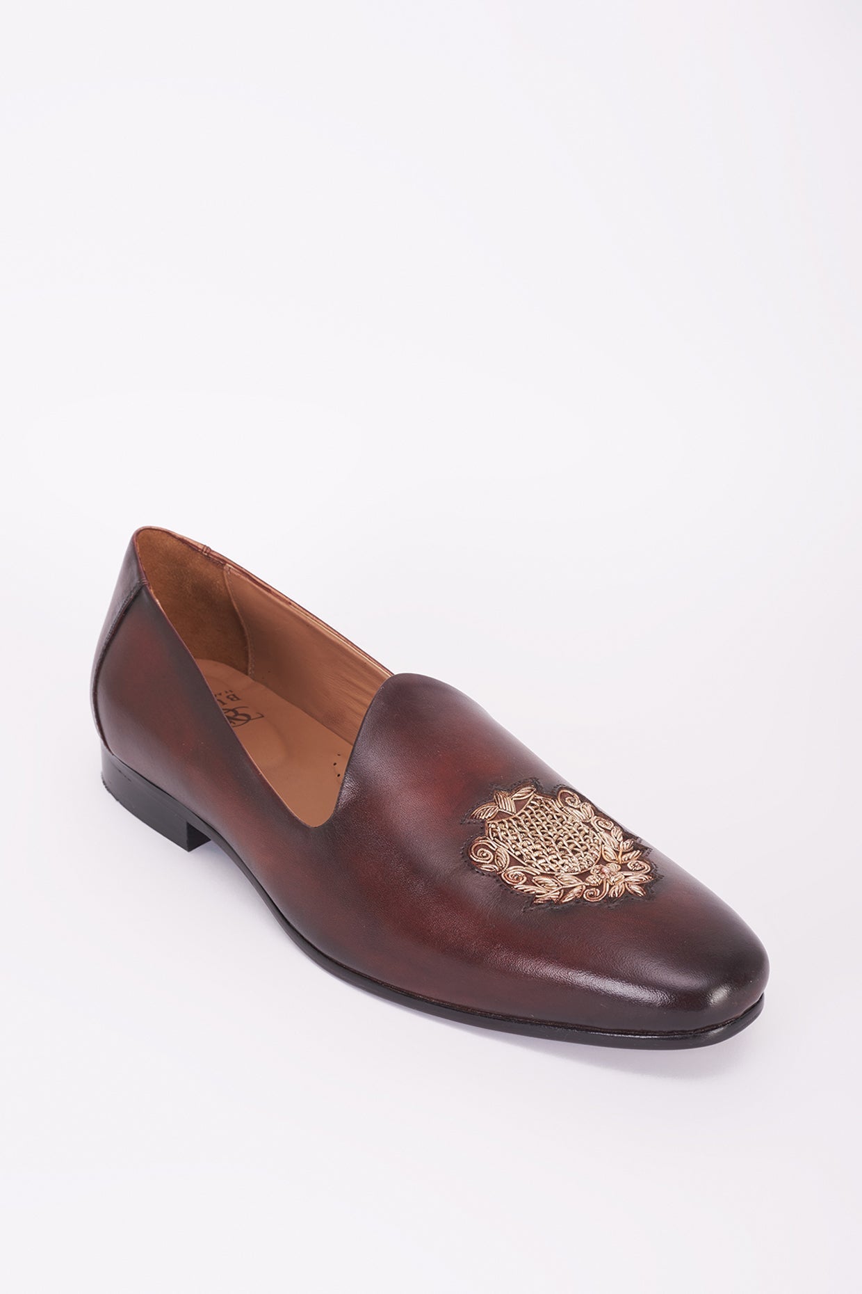 Dark brown and gold insignia embroidered Italian leather mojdi
