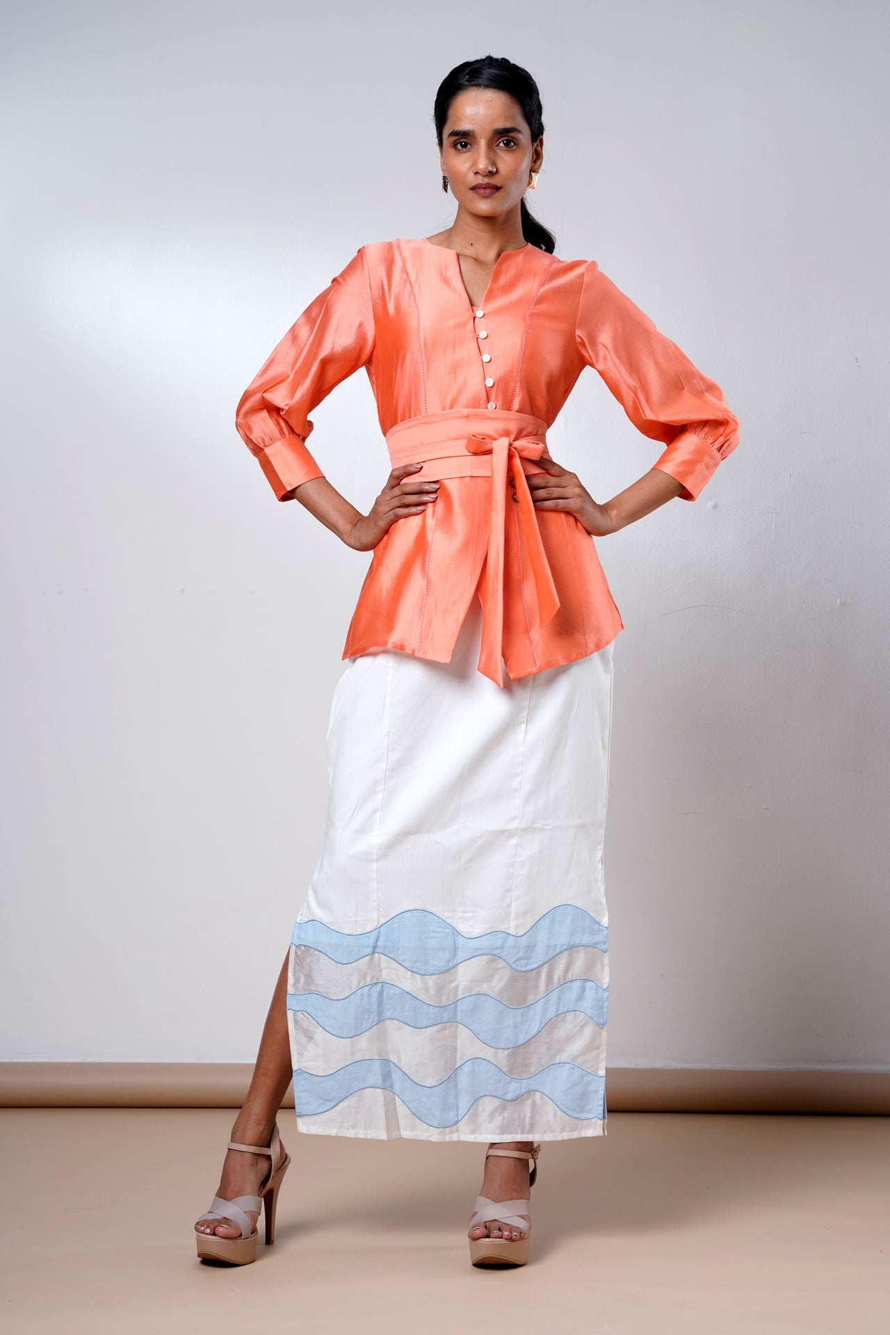 nella-coral-breeze-wrap-top-denim-skirt