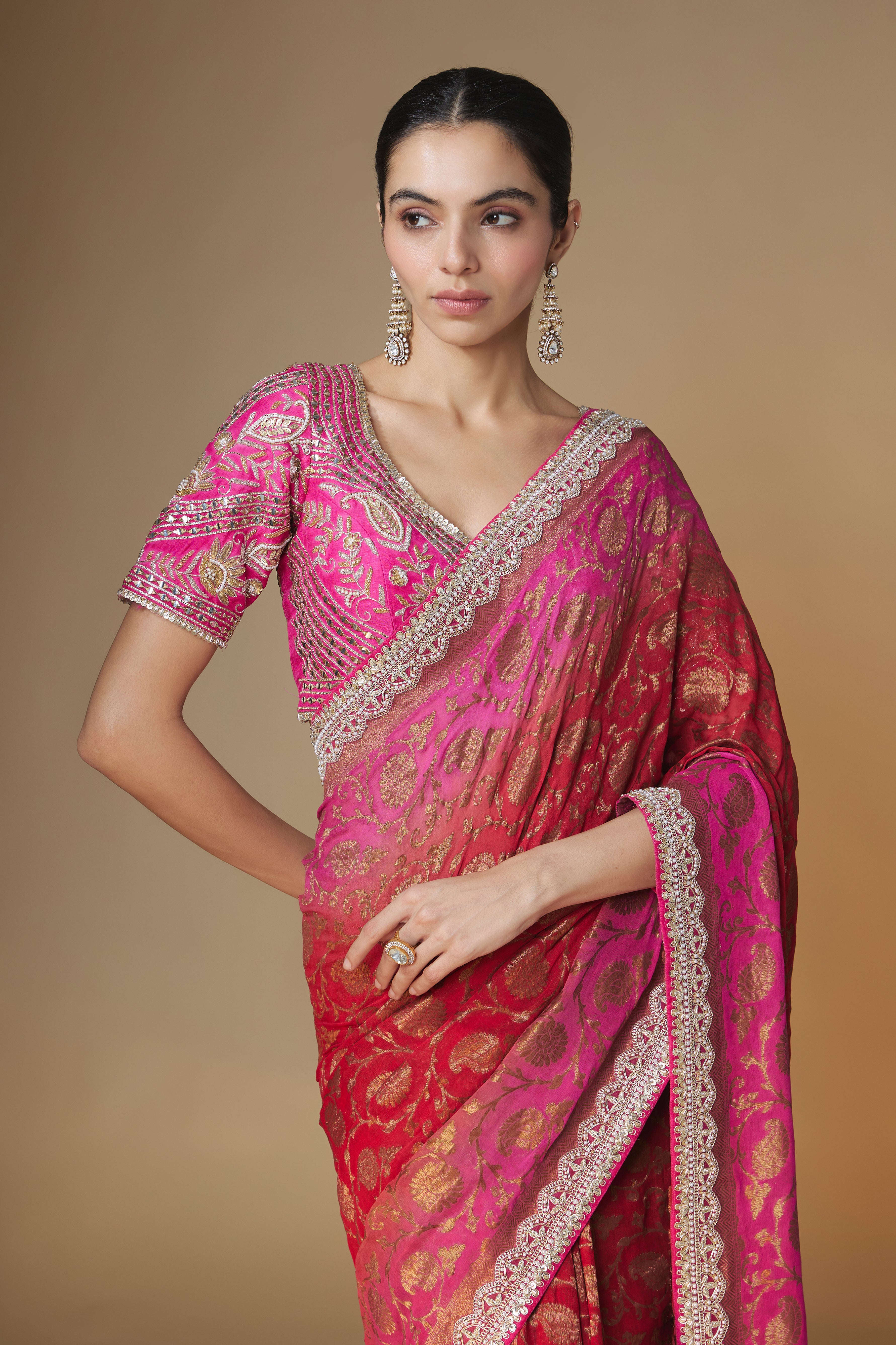Pink & red Benarasi saree with embroidered blouse