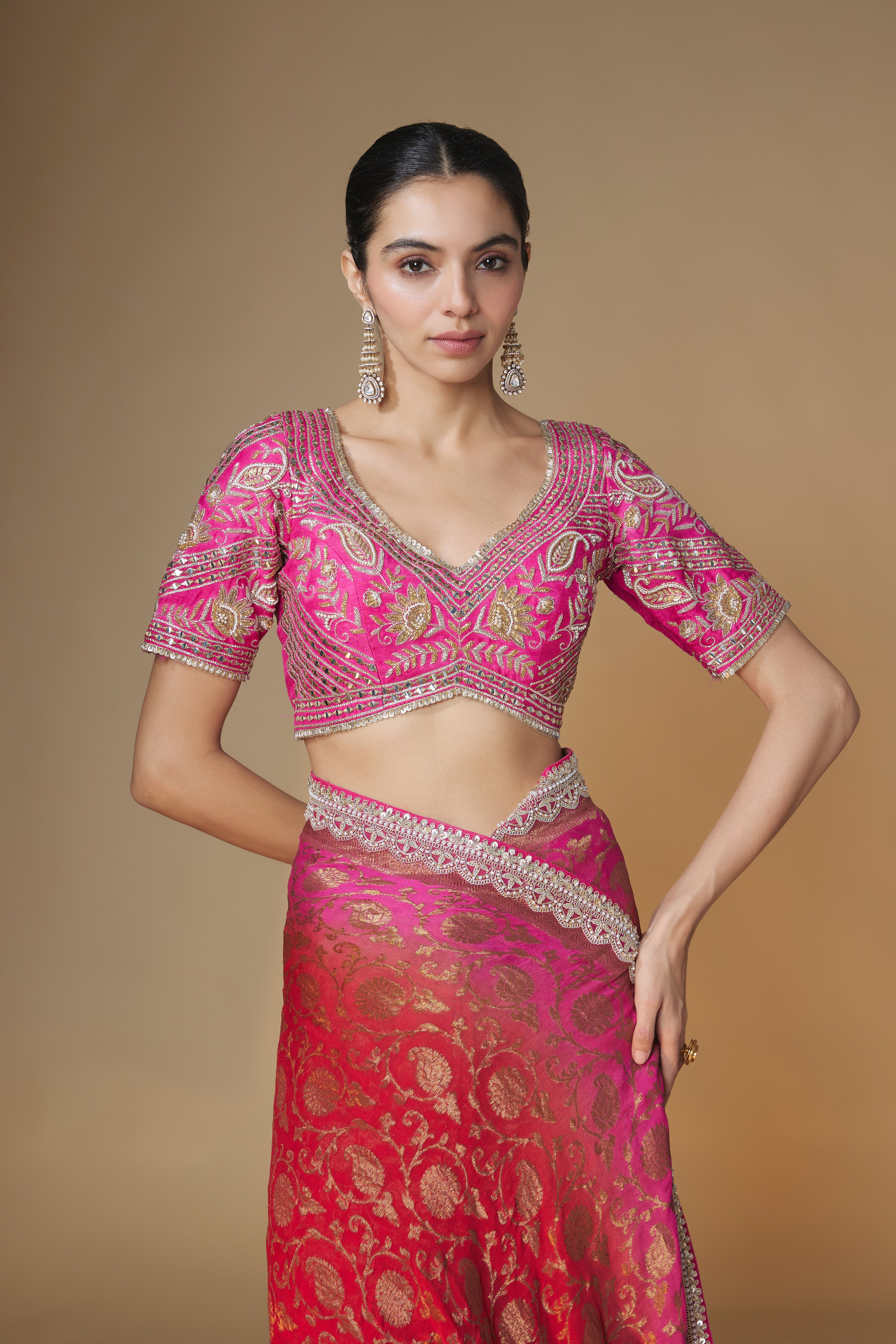 Pink & red Benarasi saree with embroidered blouse