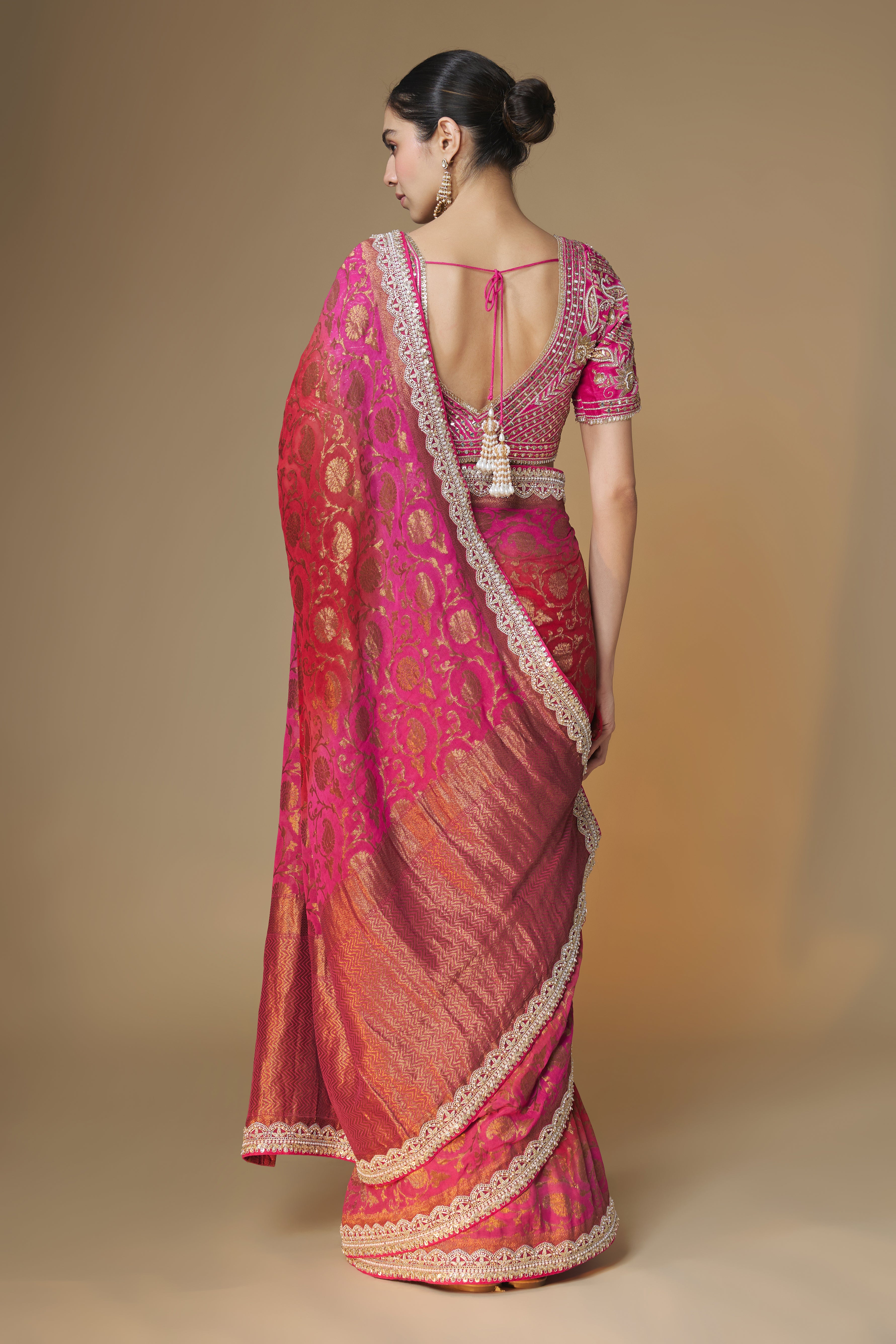 Pink & red Benarasi saree with embroidered blouse