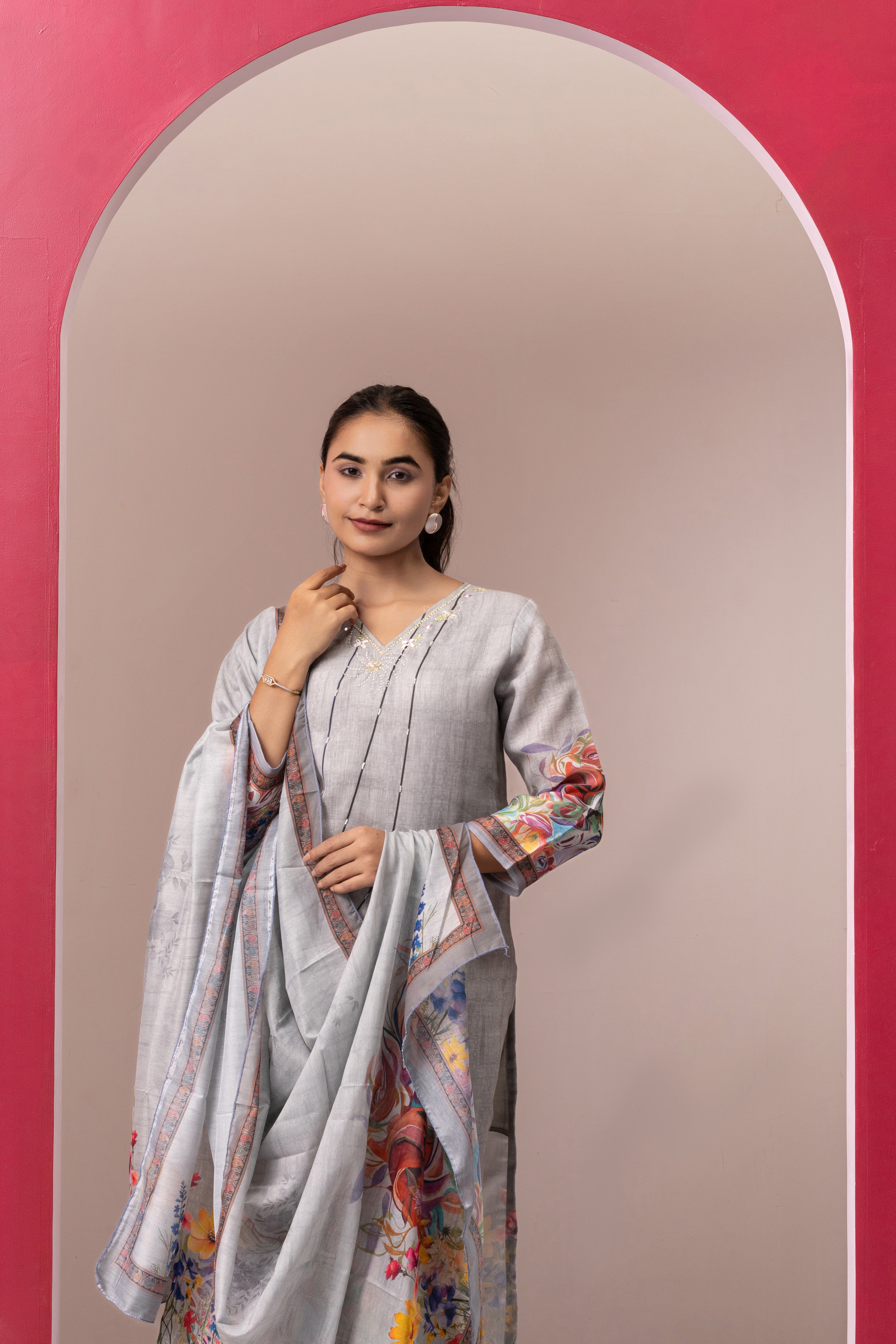 GREY PRINTED COTTON LINEN KURTA SET