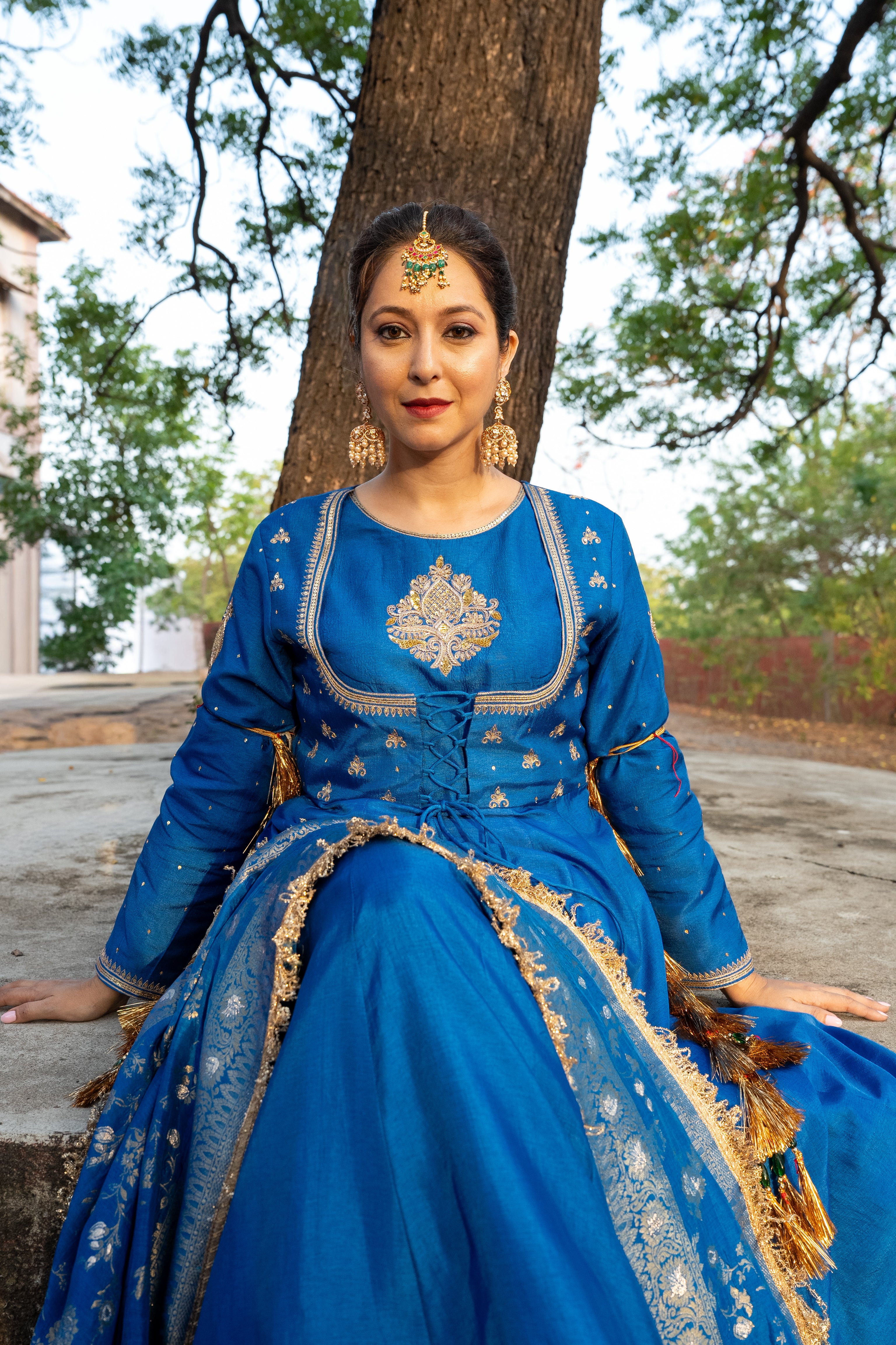 Royal Blue double yoke suit set with dupatta