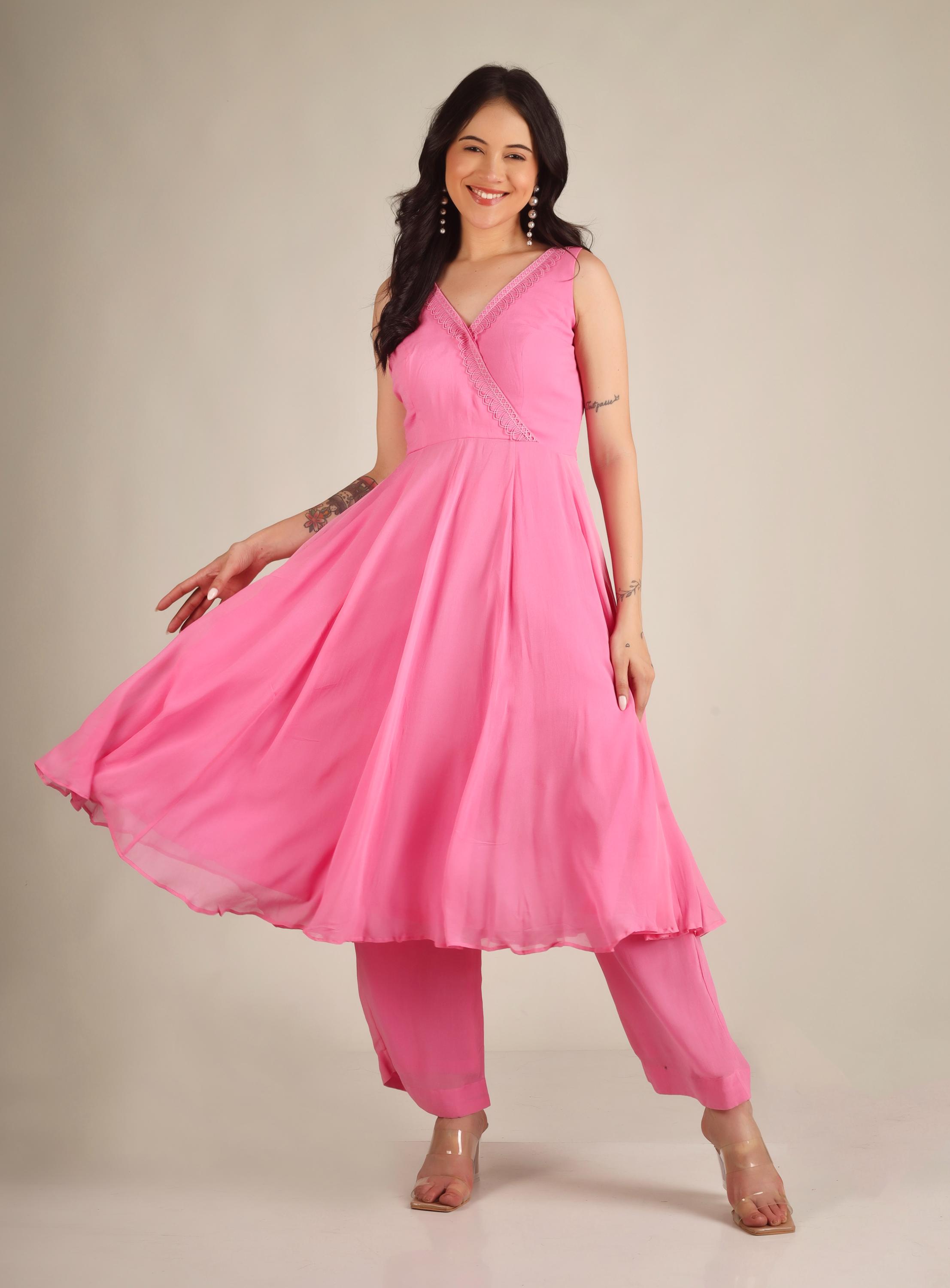 Women's Georgette Flamingo pink Suit sets