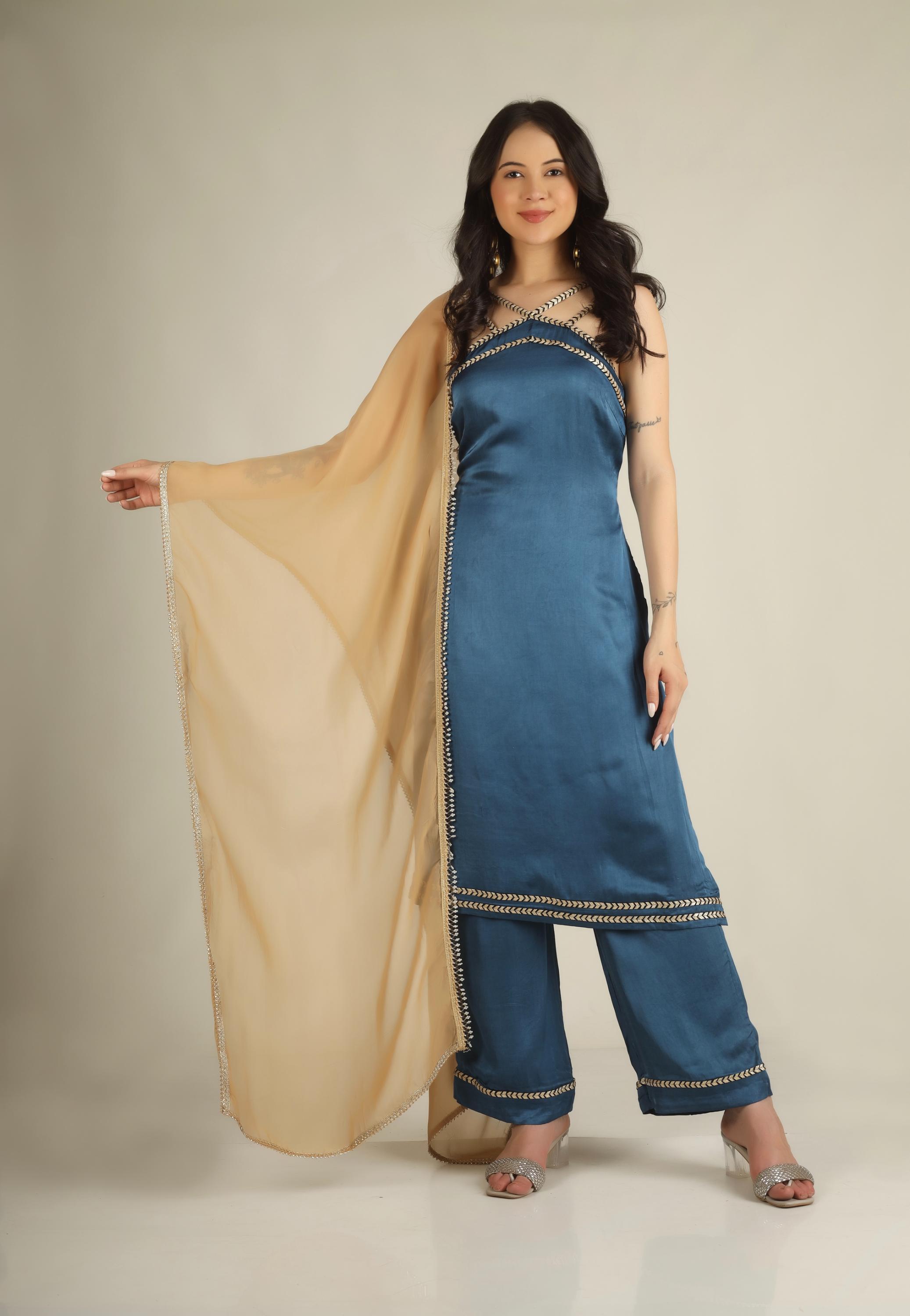 Women's Organza Tissue Beige Stitched Kurta & Pant set