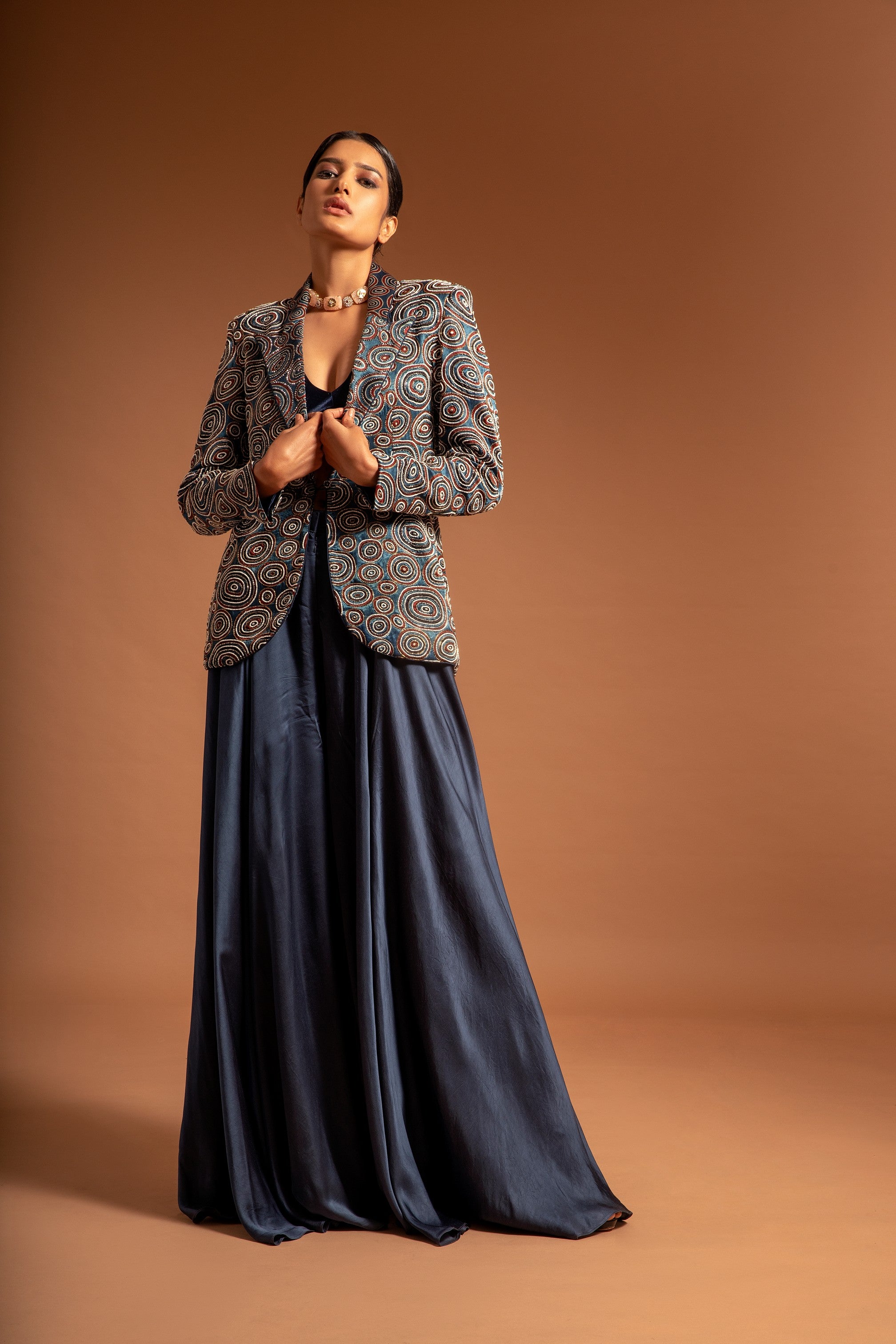 Blue ajrakh embellished jacket with blouse and flare pants