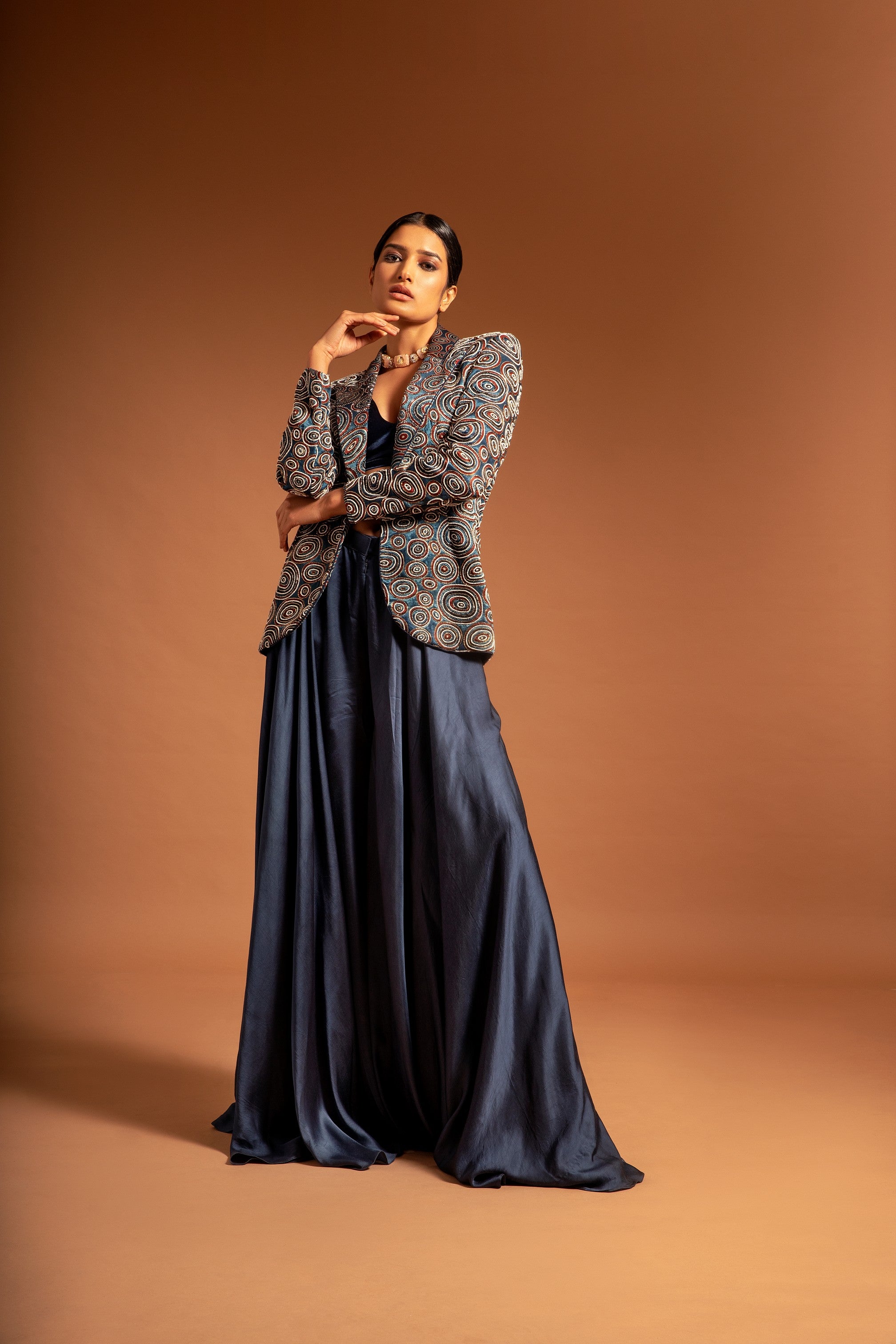 Blue ajrakh embellished jacket with blouse and flare pants