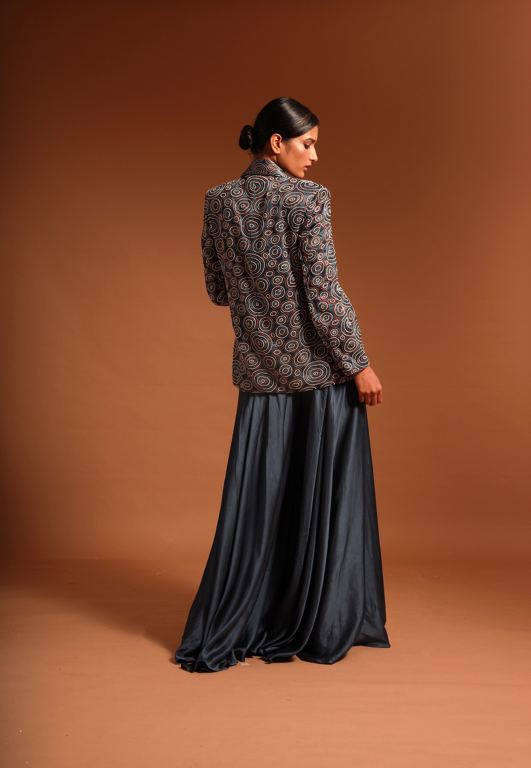 Blue ajrakh embellished jacket with blouse and flare pants