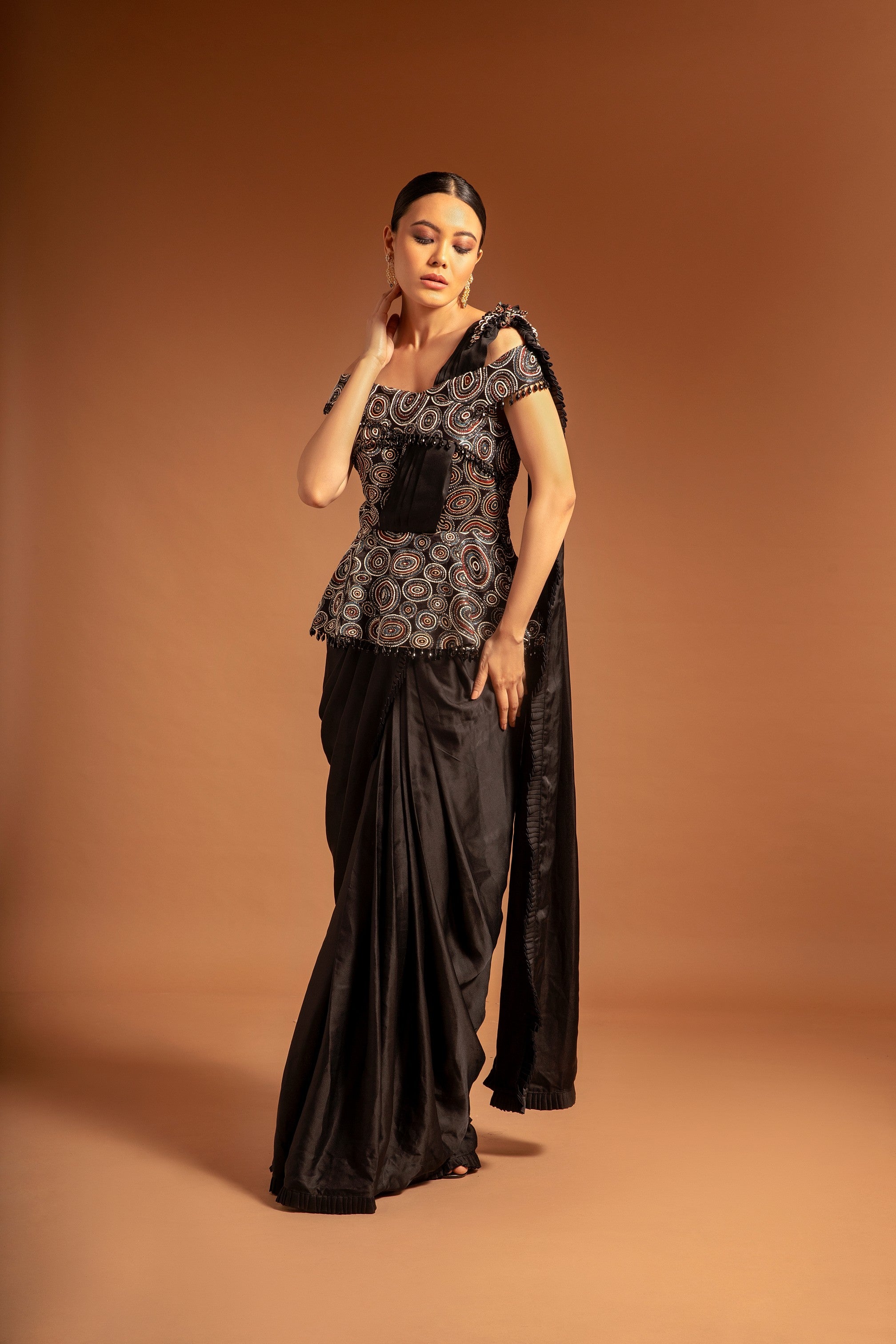 Black ajrakh fully handcrafted gown saree