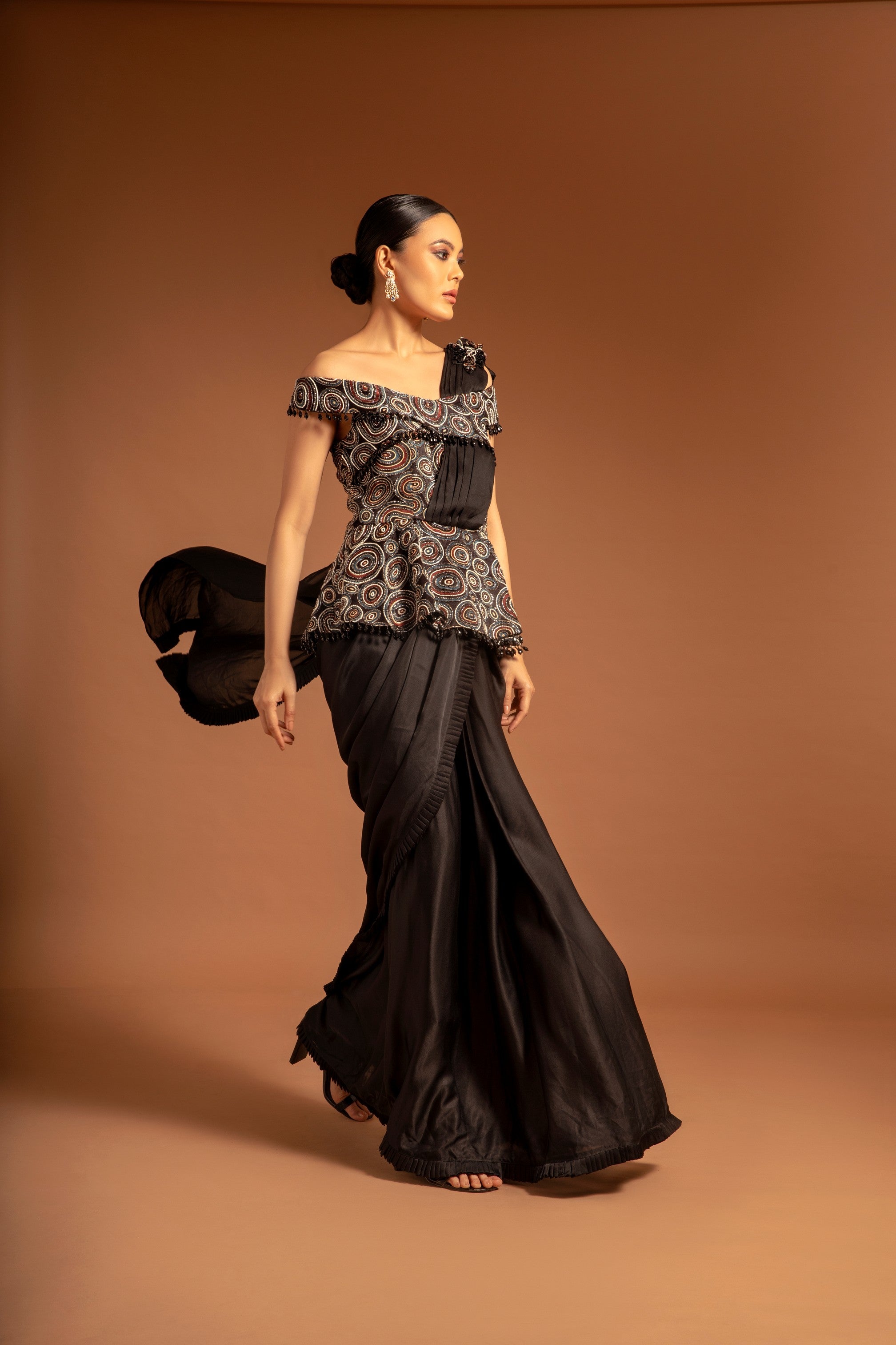 Black ajrakh fully handcrafted gown saree