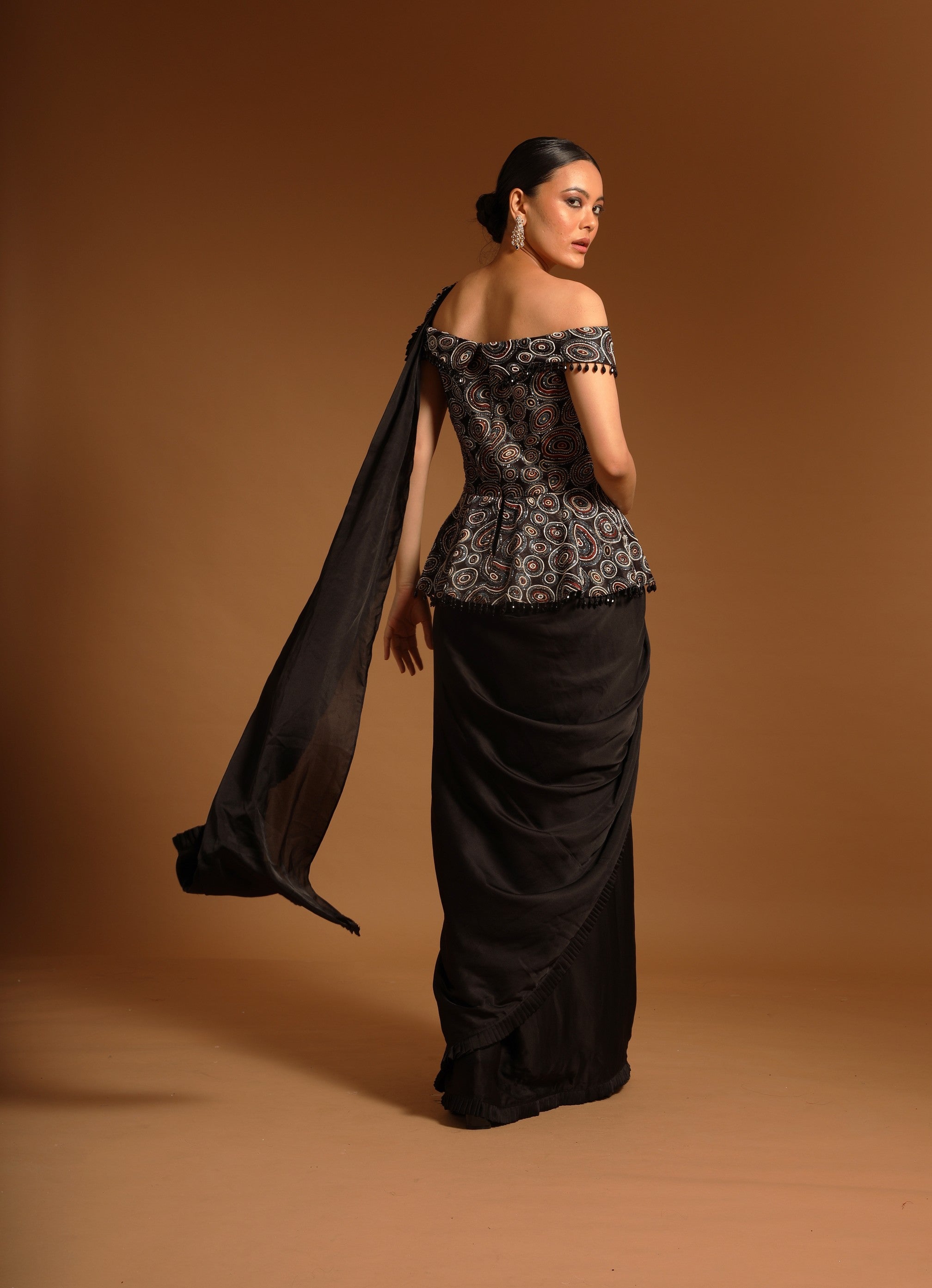 Black ajrakh fully handcrafted gown saree