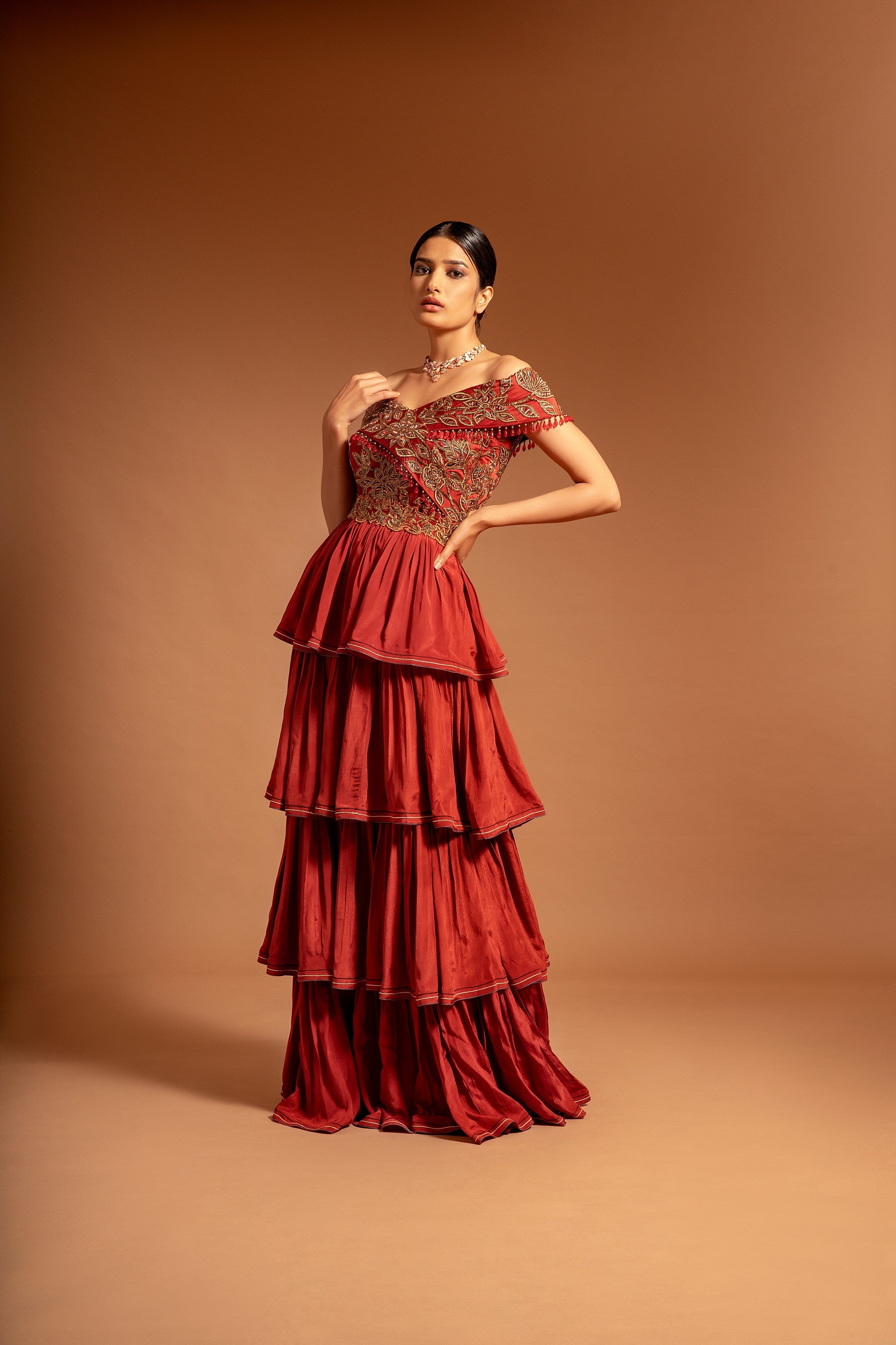 Maroon fully ajrakh patchworked layered gown