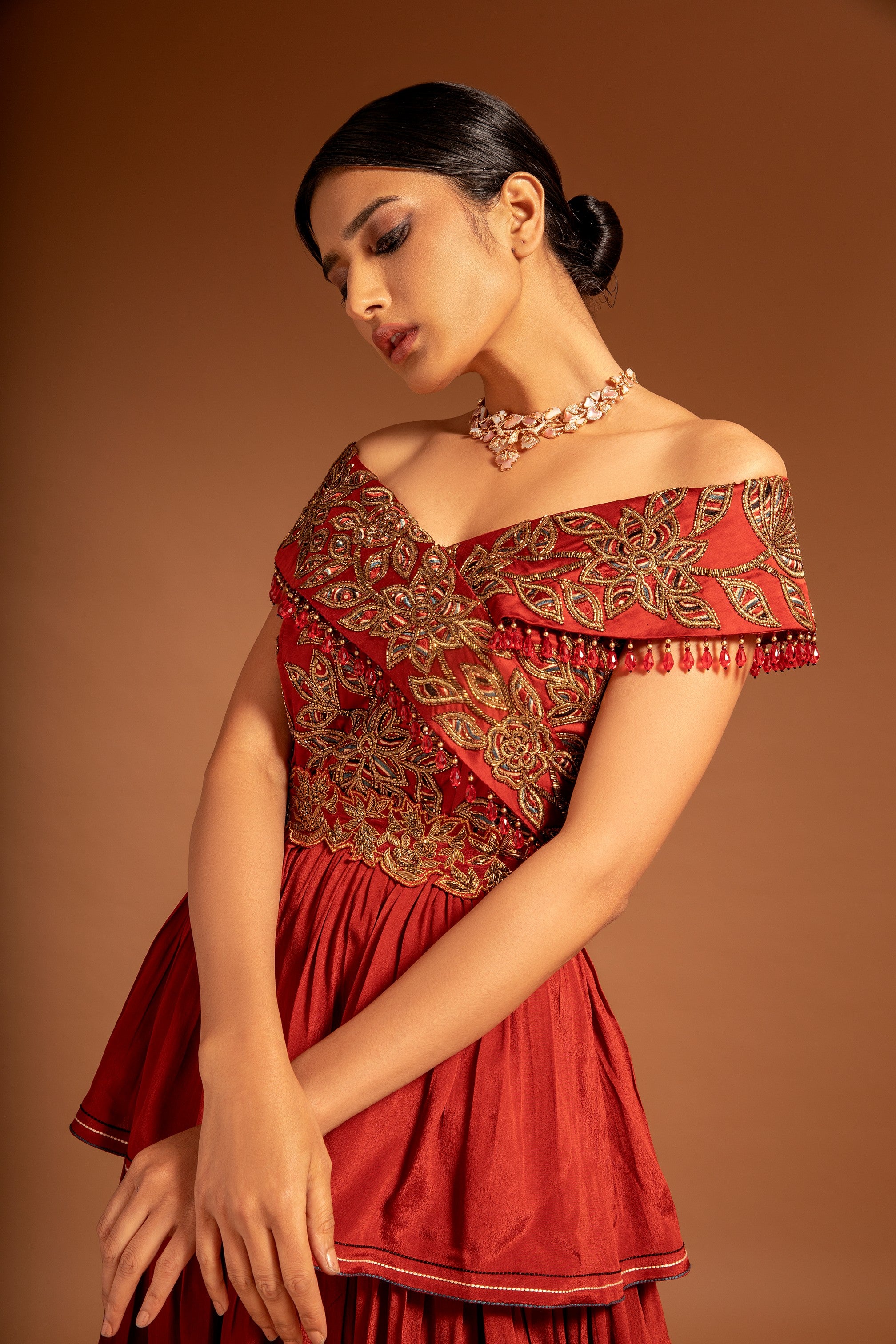 Maroon fully ajrakh patchworked layered gown