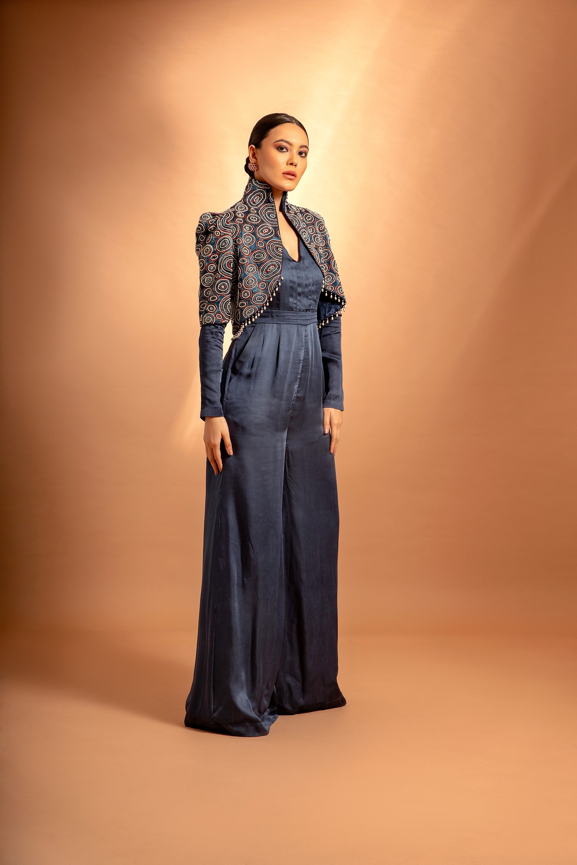 Blue fully handcrafted ajrakh jacket with Blue jumpsuit
