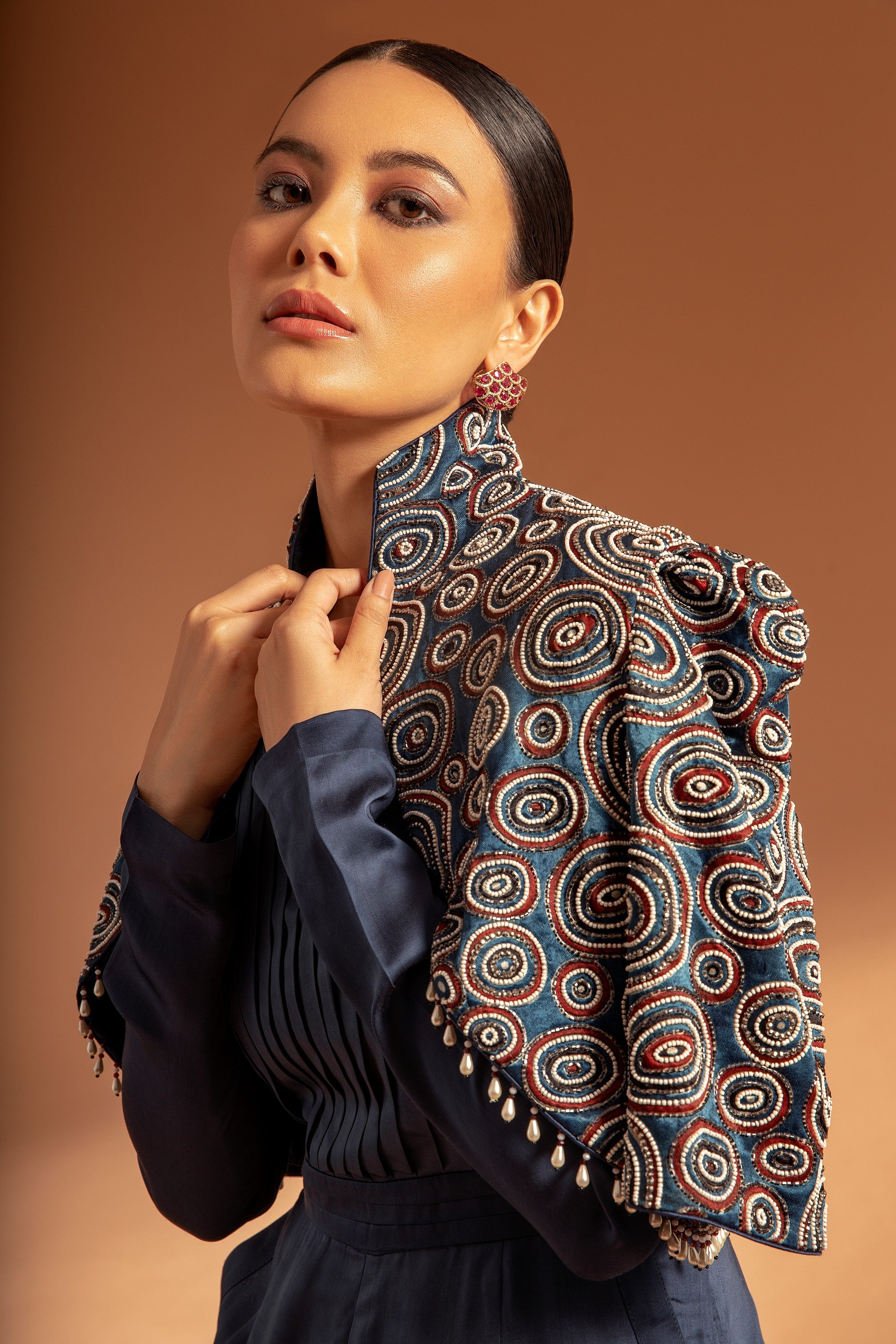 Blue fully handcrafted ajrakh jacket with Blue jumpsuit