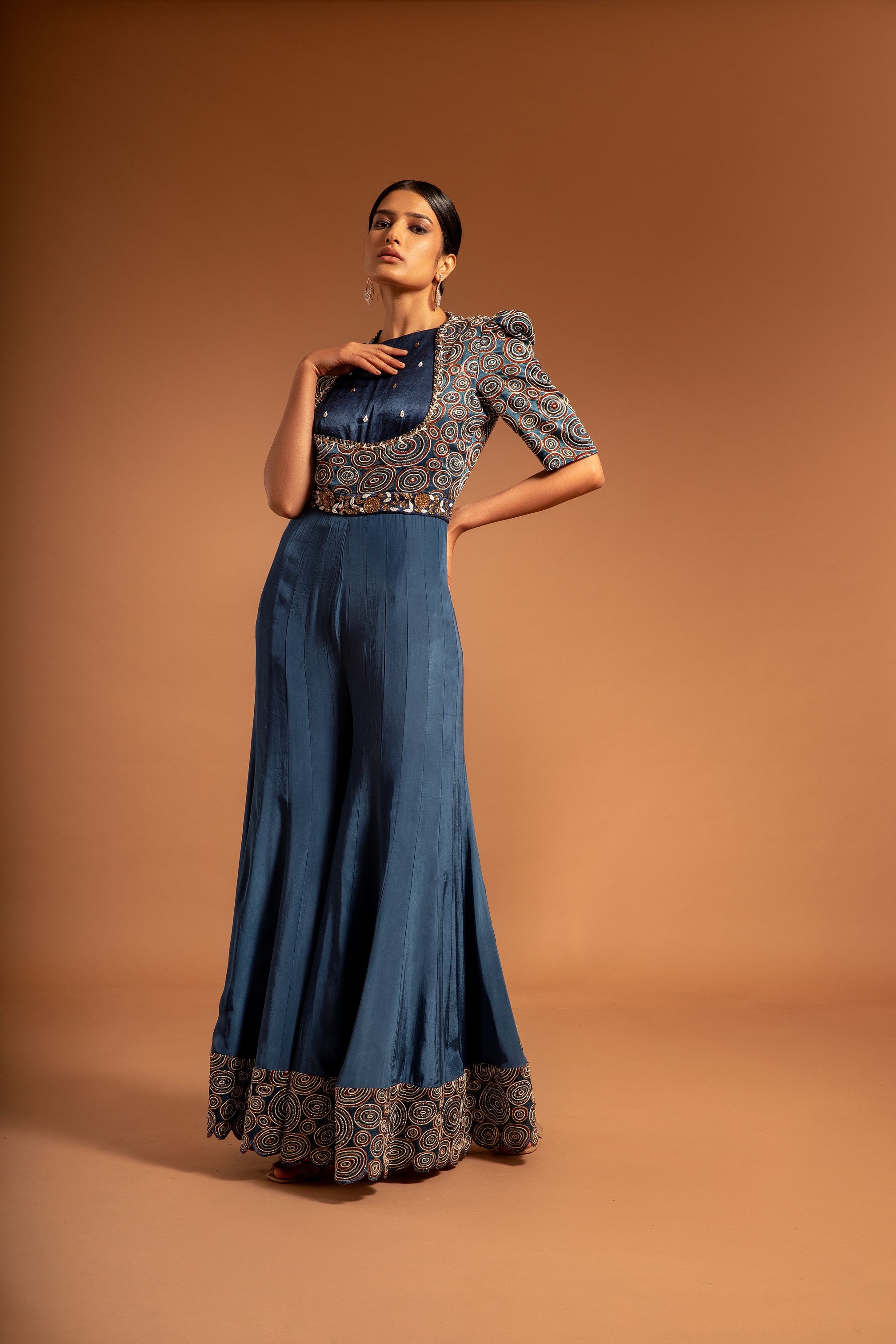 Blue fully handcrafted ajrakh jumpsuit