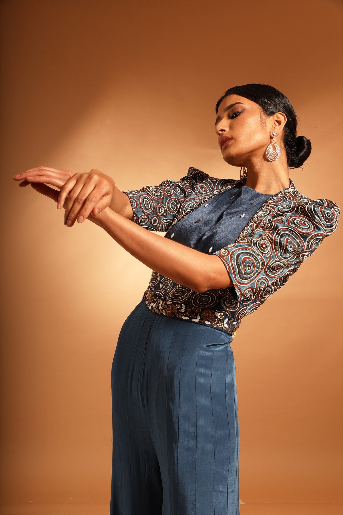 Blue fully handcrafted ajrakh jumpsuit