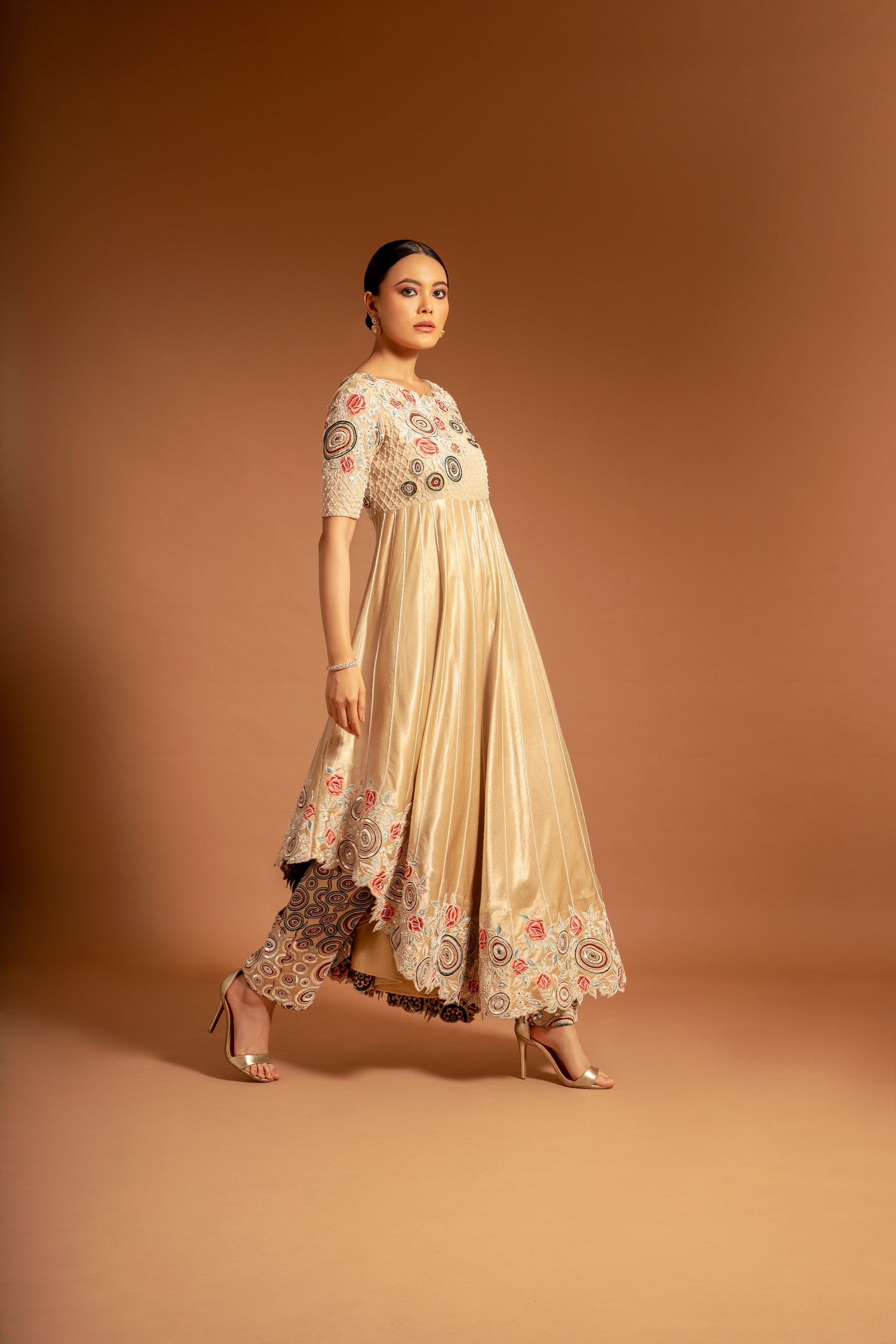 Ivory Ajrakh embroidered aasymmetric anarkali with pants