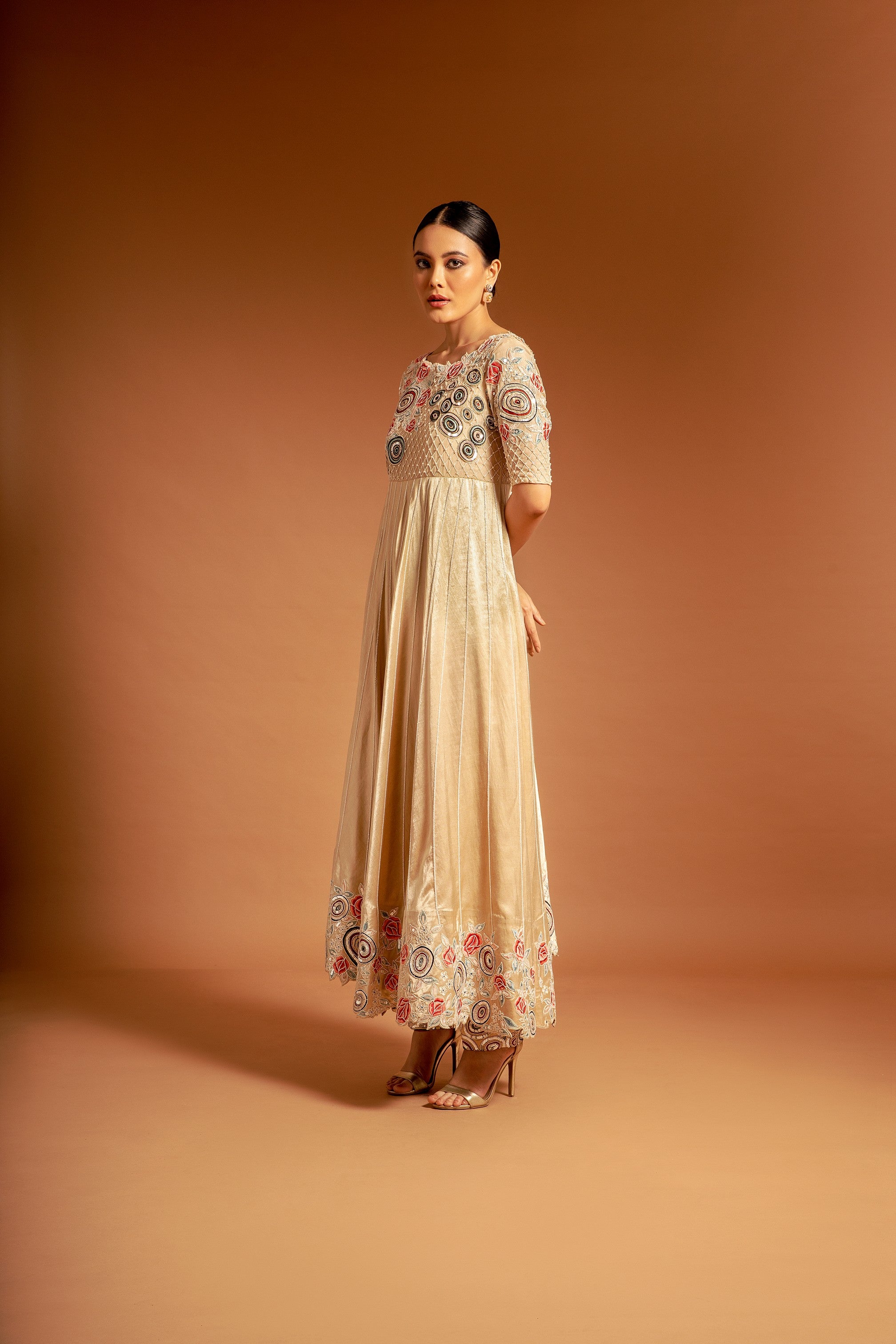 Ivory Ajrakh embroidered aasymmetric anarkali with pants