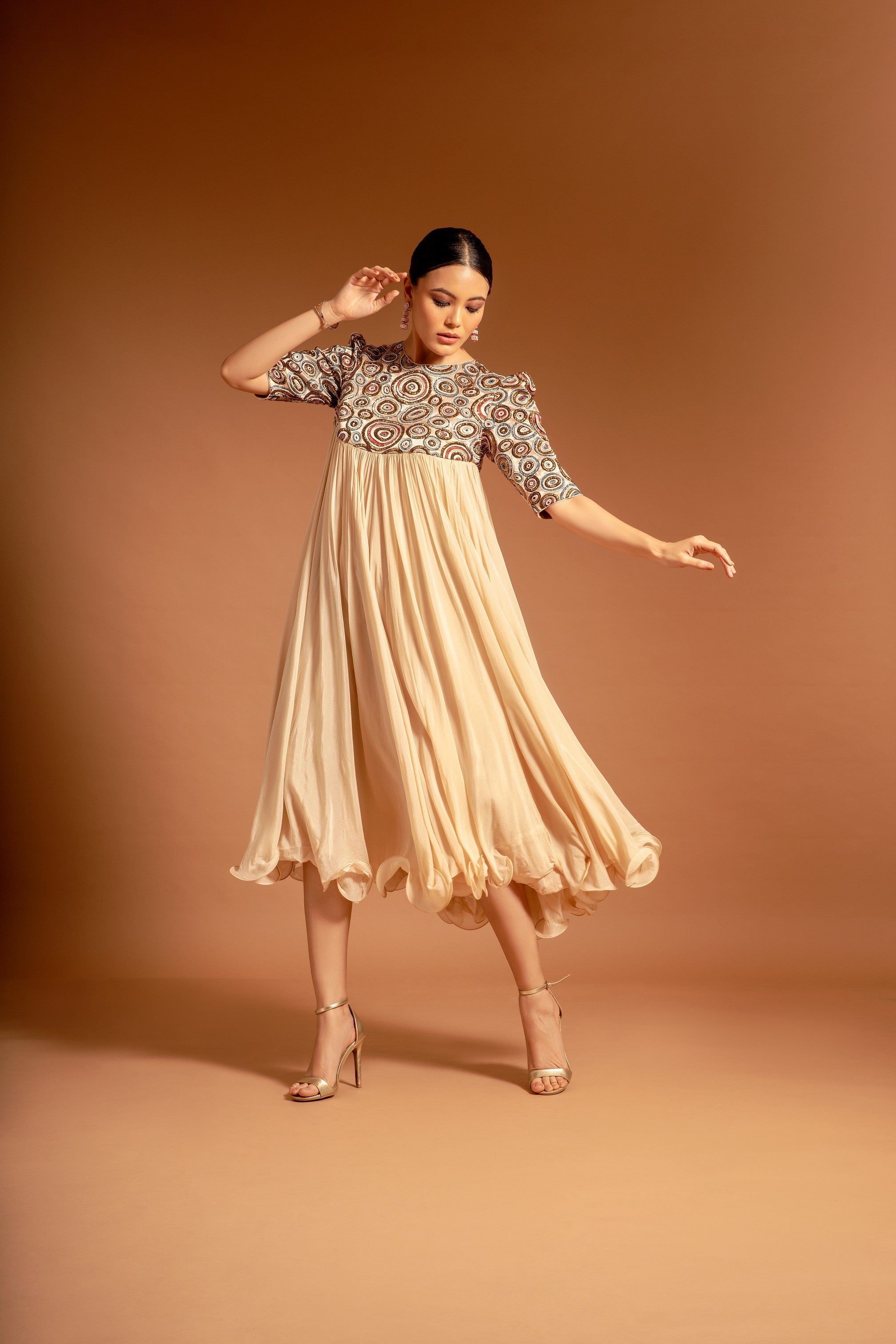 Beige fully embroidered short yoke gathered dress