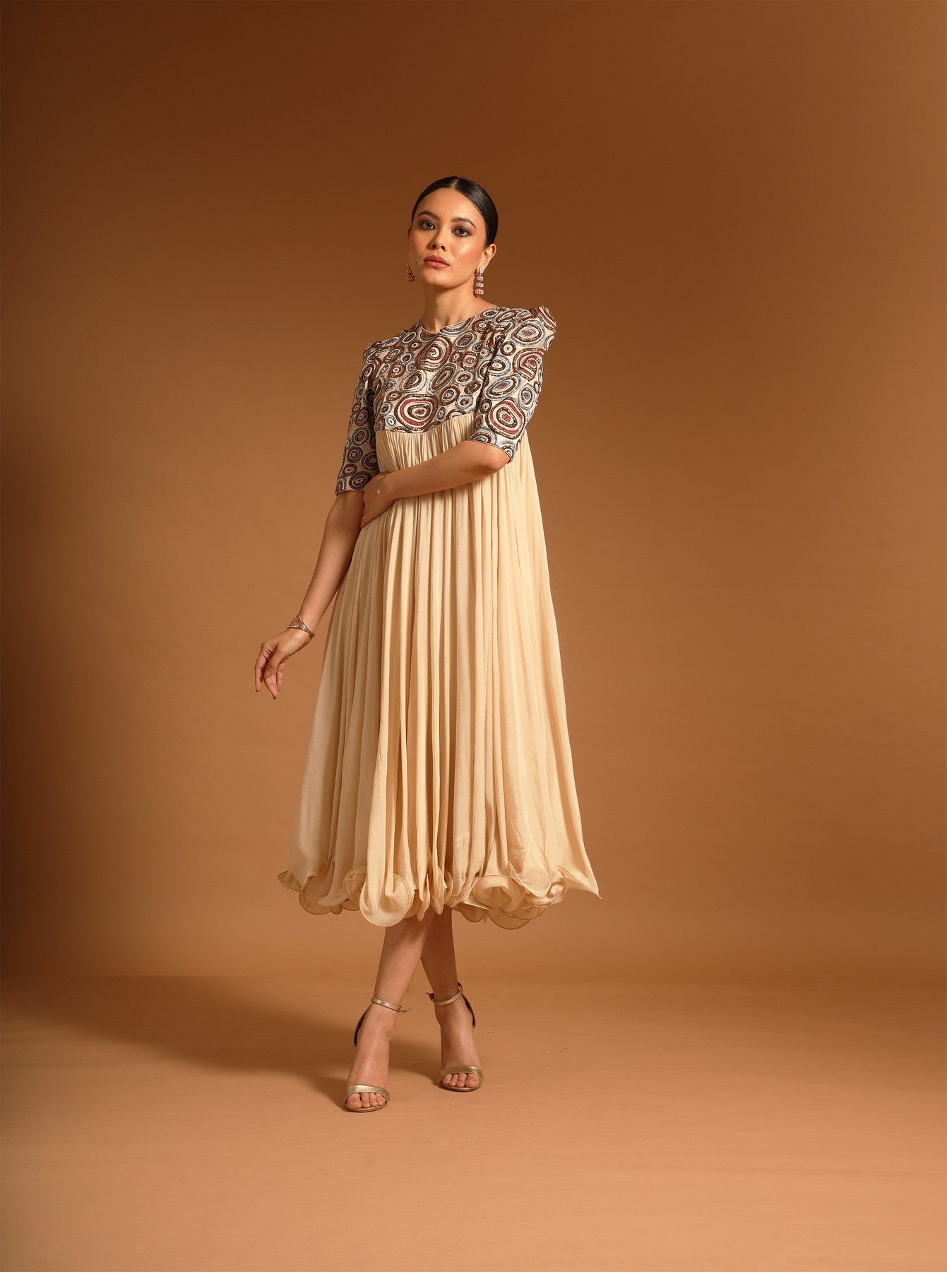 Beige fully embroidered short yoke gathered dress