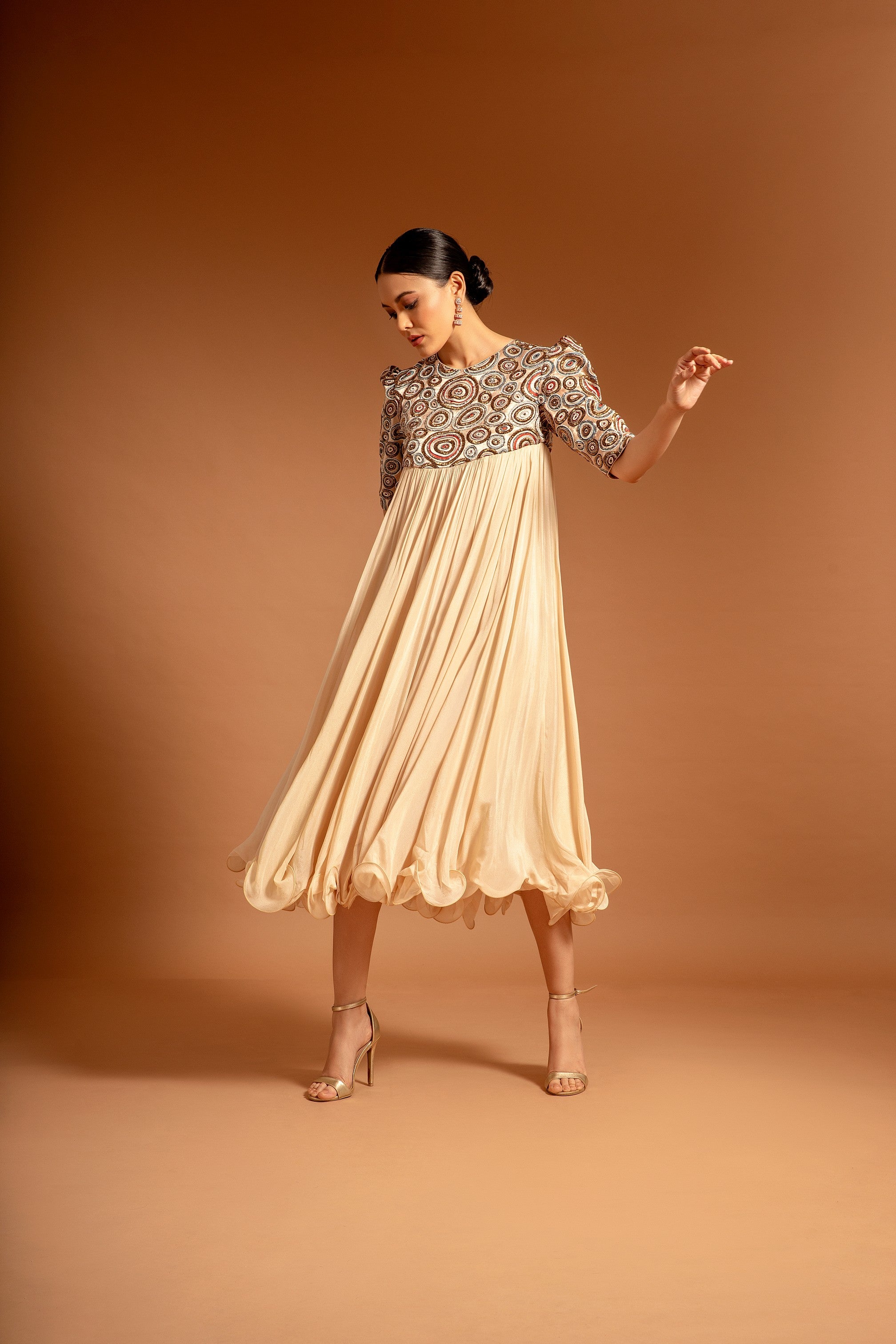 Beige fully embroidered short yoke gathered dress