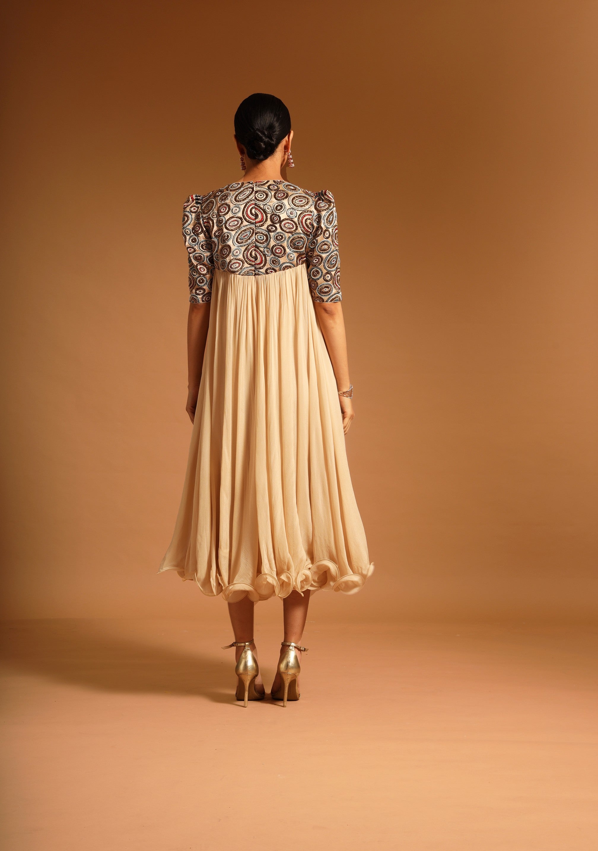 Beige fully embroidered short yoke gathered dress