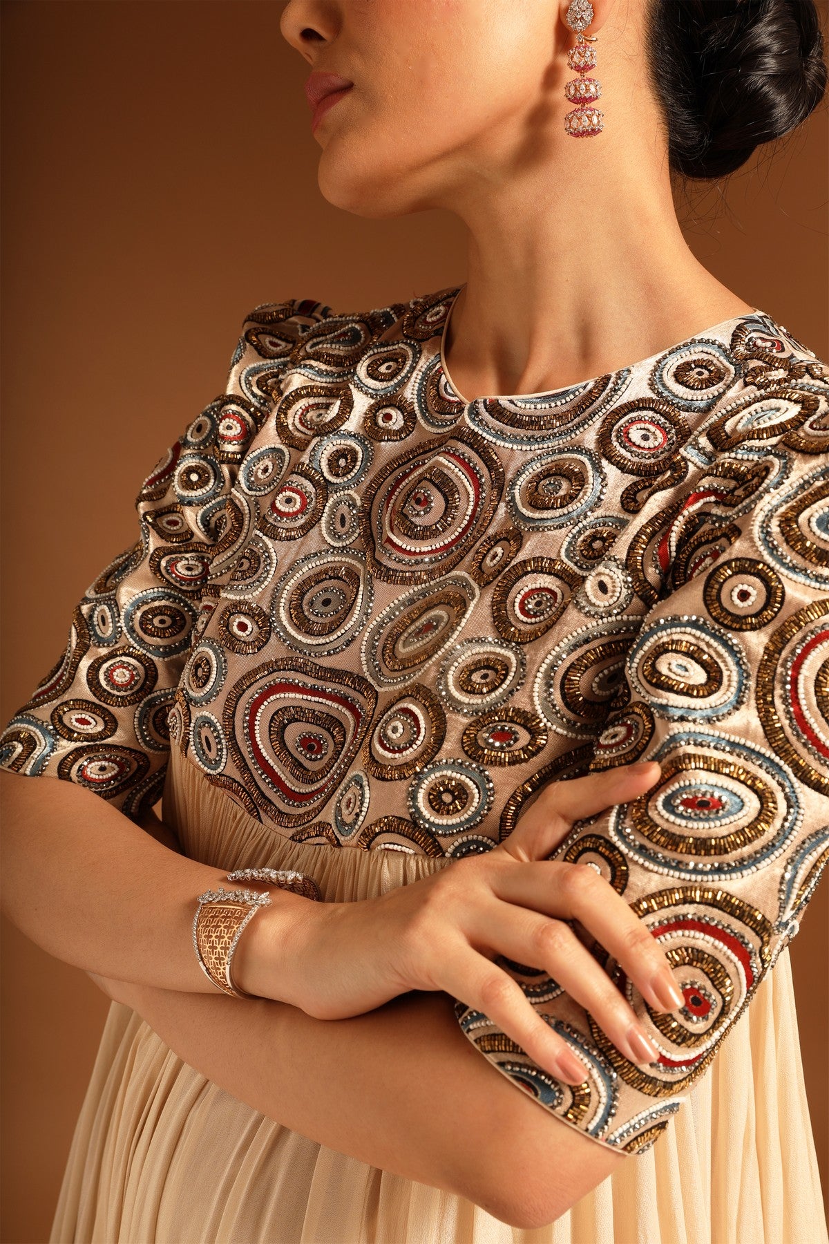 Beige fully embroidered short yoke gathered dress