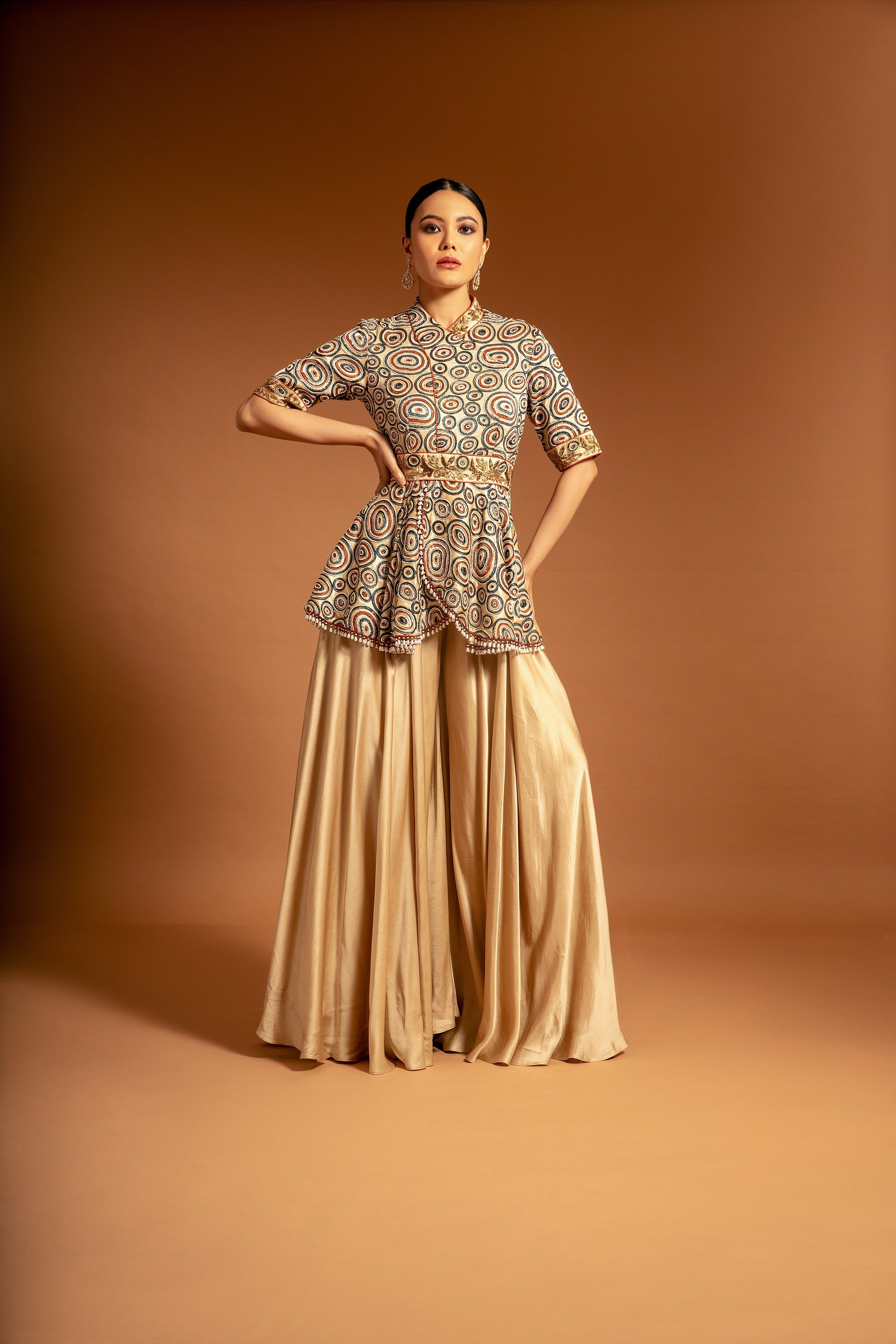 Beige embroidered ajrakh peplum jumpsuit