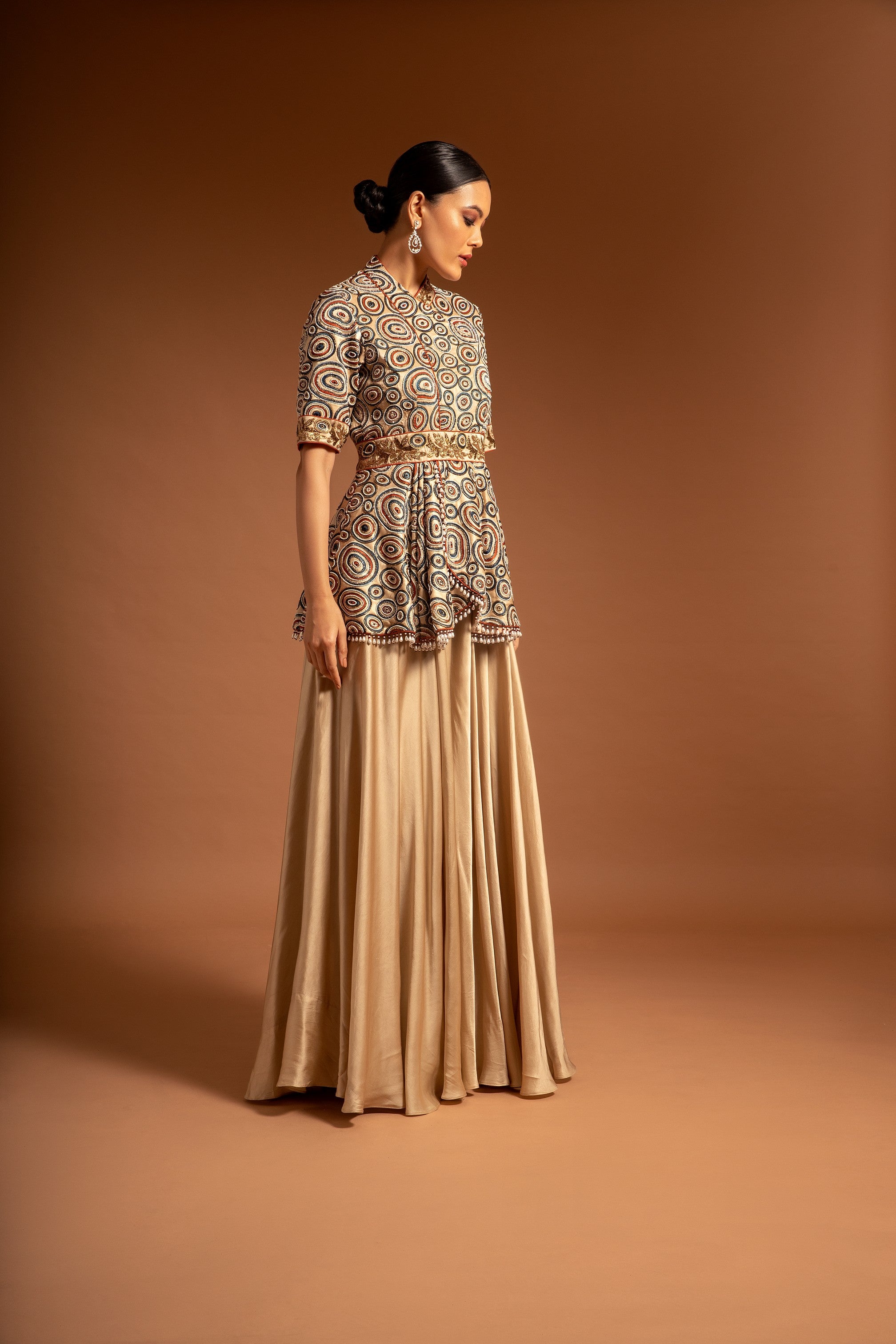 Beige embroidered ajrakh peplum jumpsuit