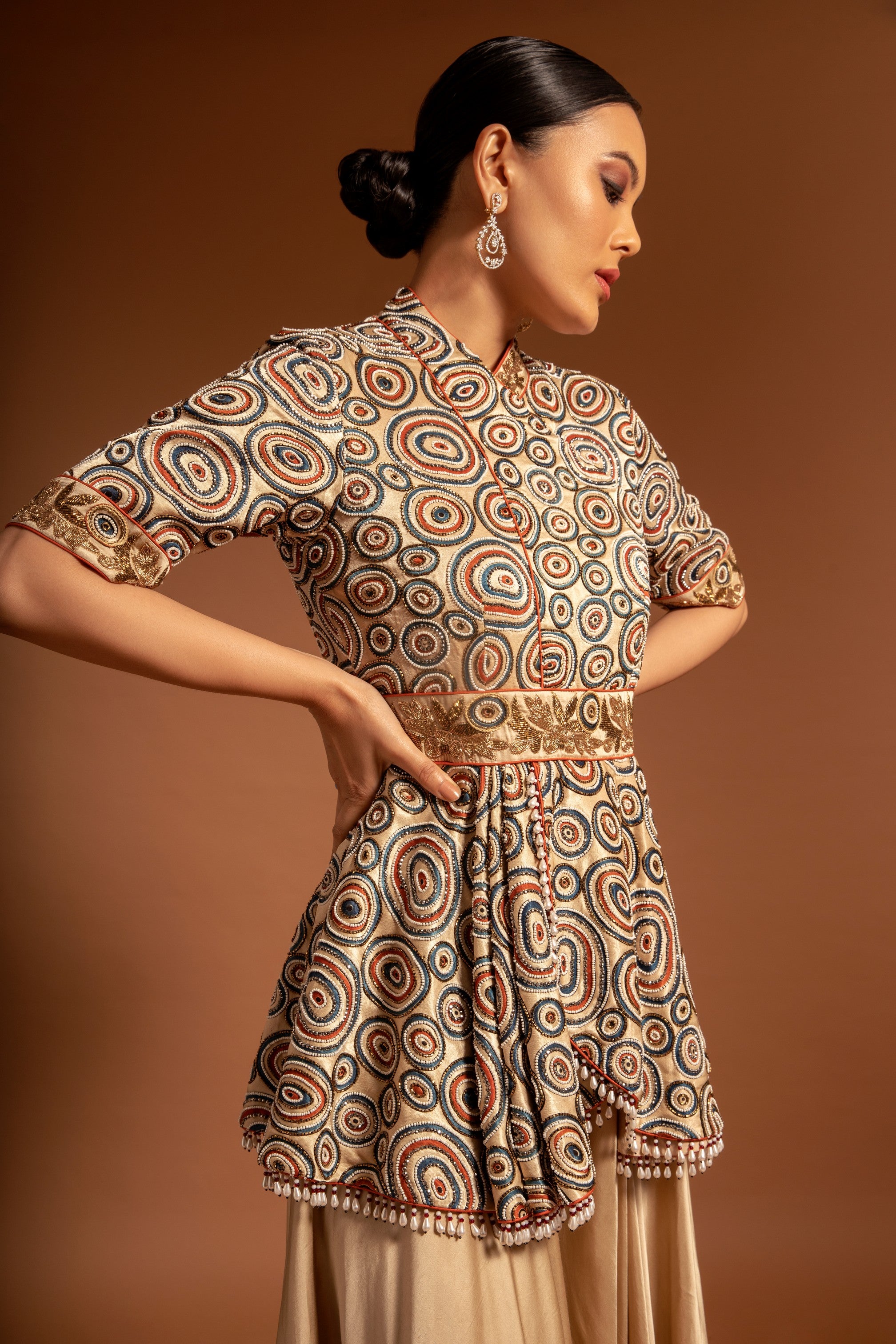 Beige embroidered ajrakh peplum jumpsuit