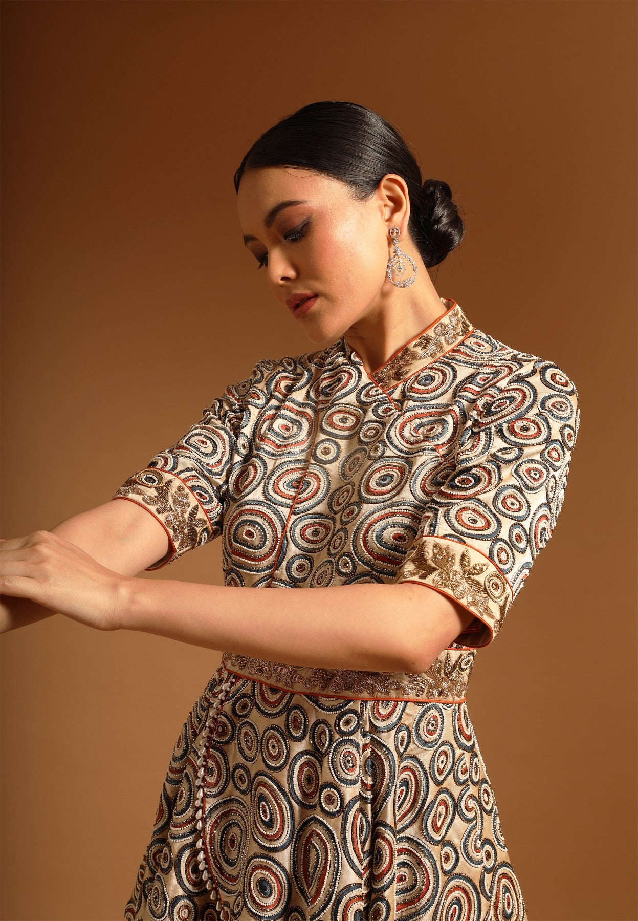 Beige embroidered ajrakh peplum jumpsuit