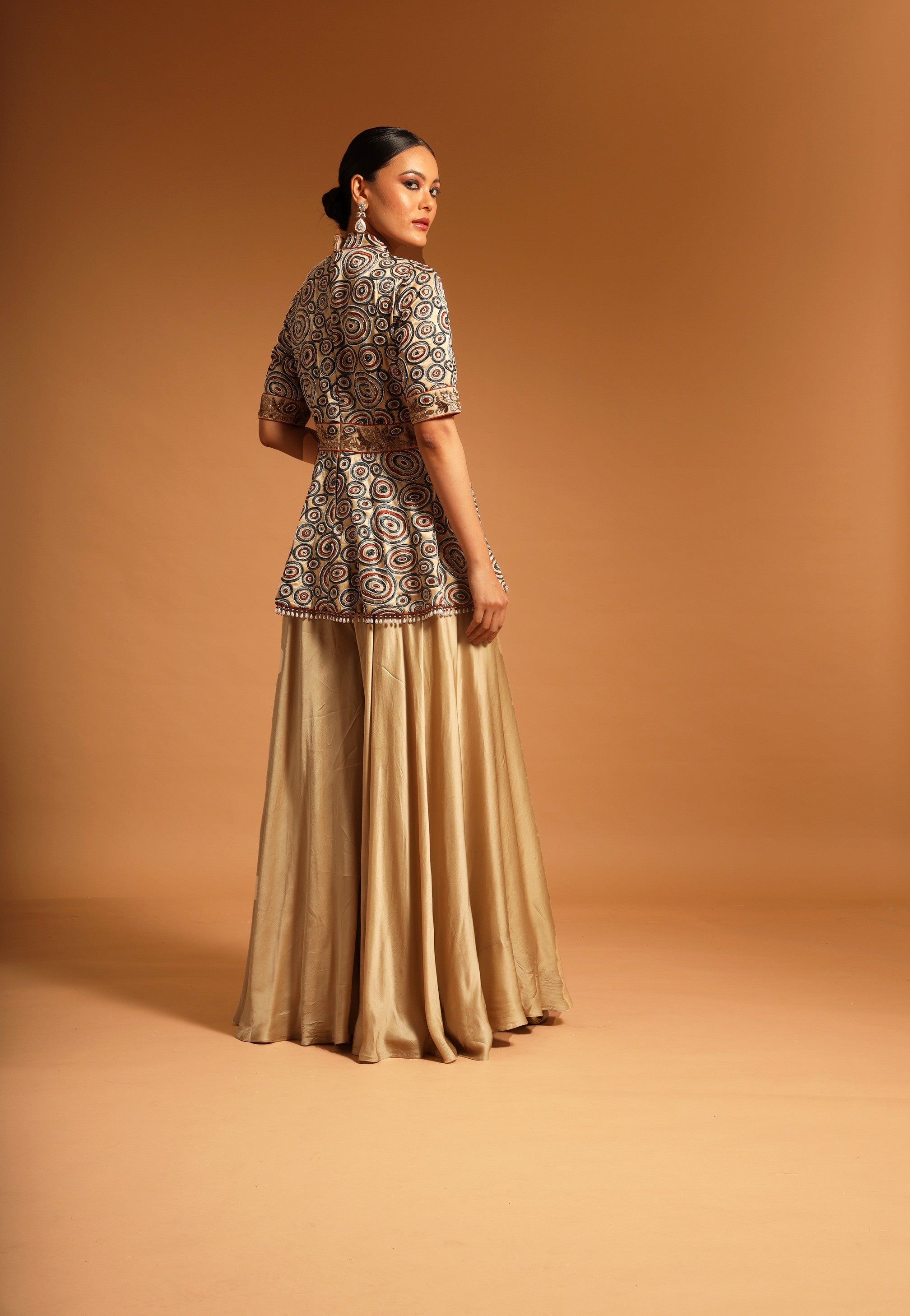 Beige embroidered ajrakh peplum jumpsuit