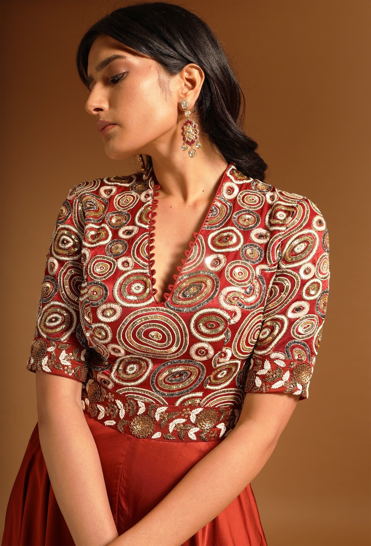 Red ajrakh fully embroidered flare jumpsuit