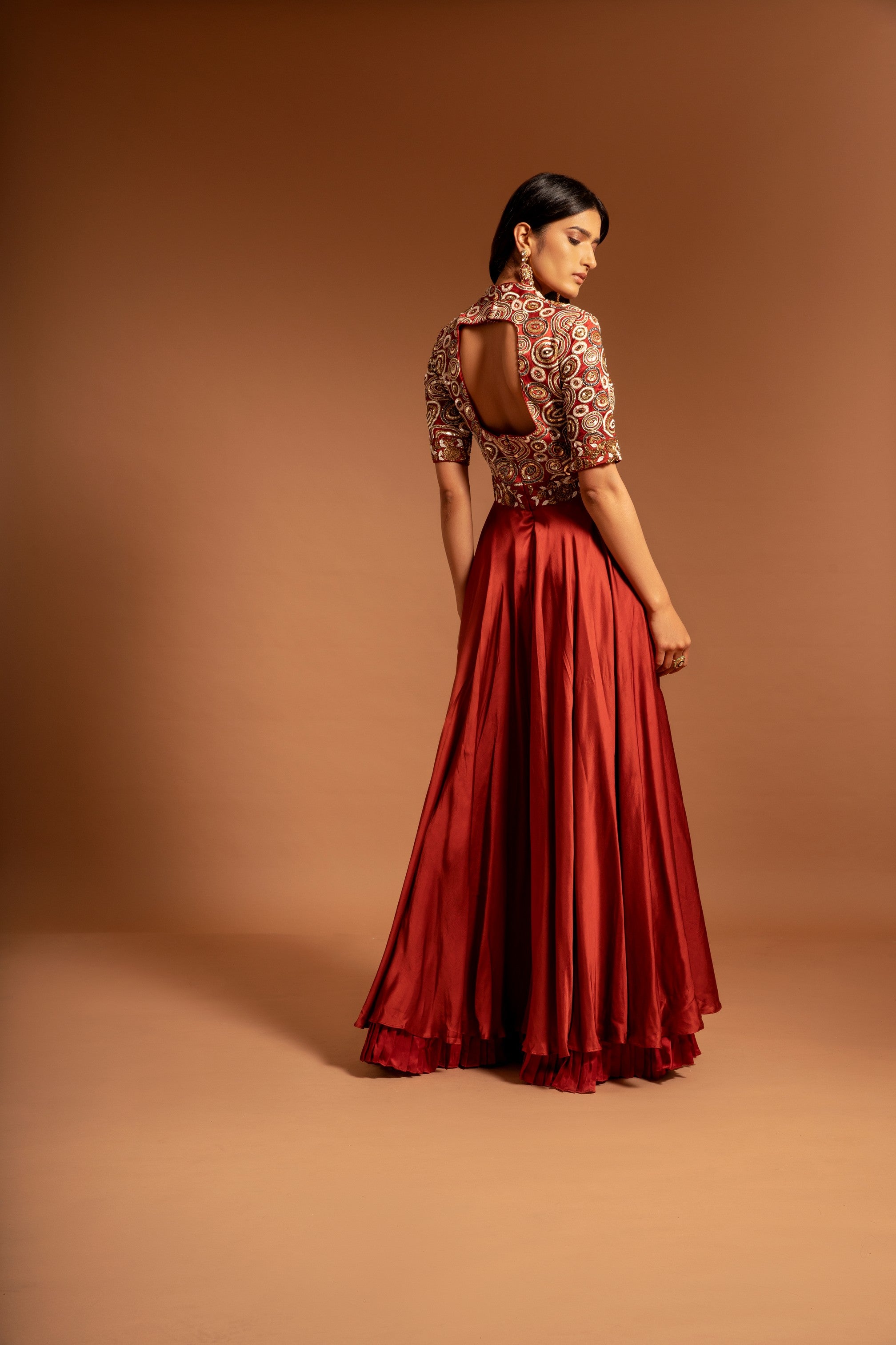 Red ajrakh fully embroidered flare jumpsuit