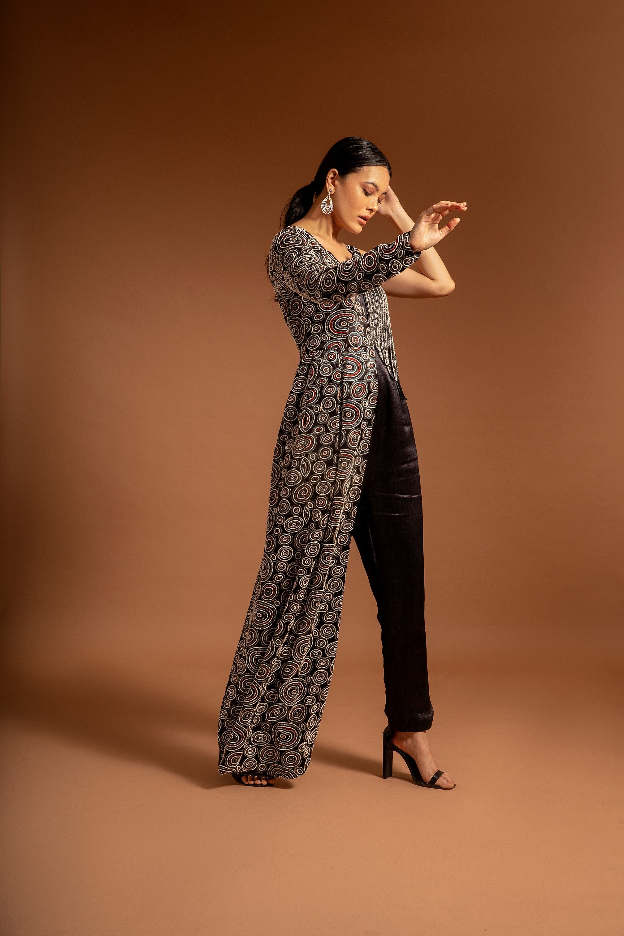 Black fully embroidered one flap ajrakh jumpsuit