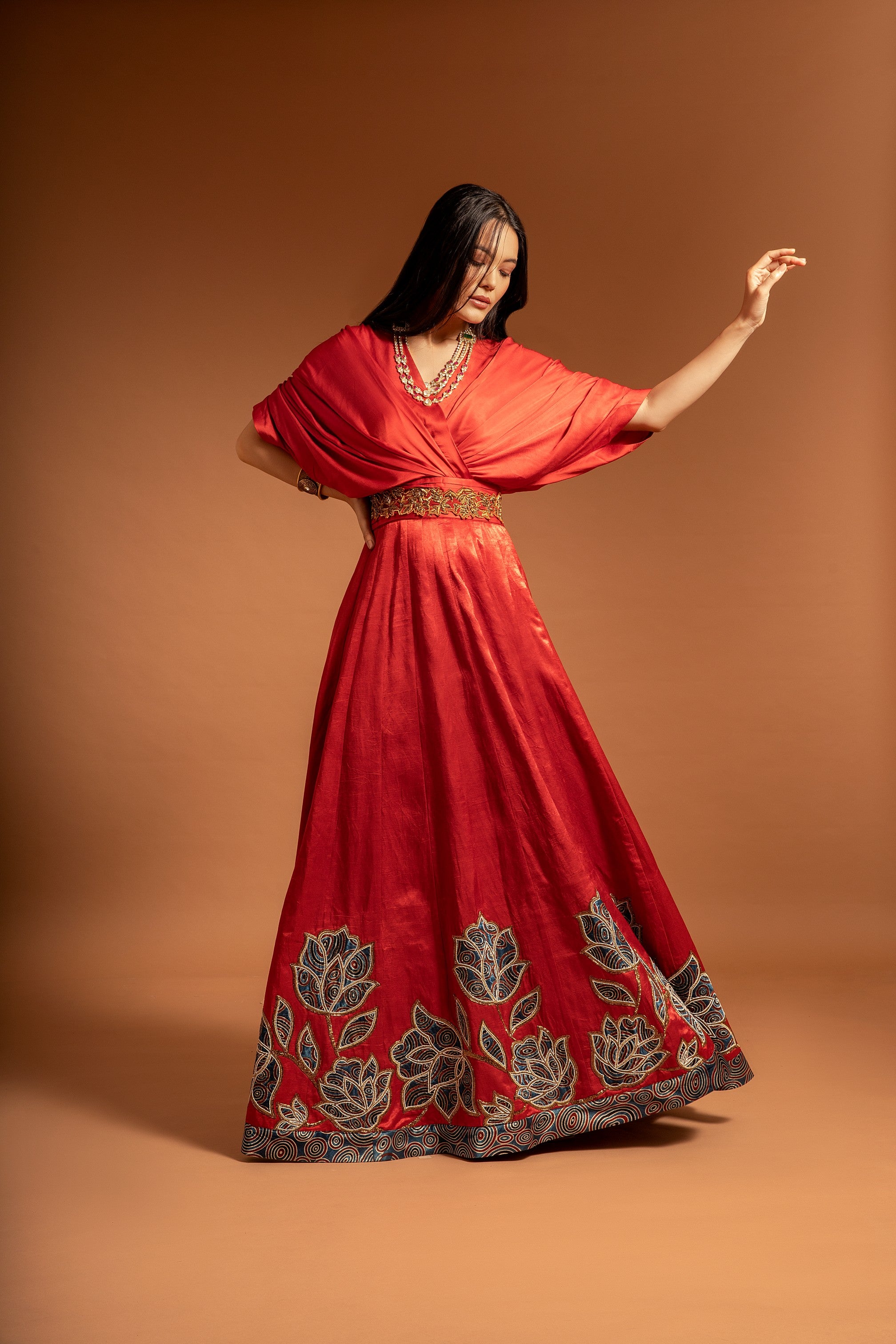 Red ajrakh embroidered gown