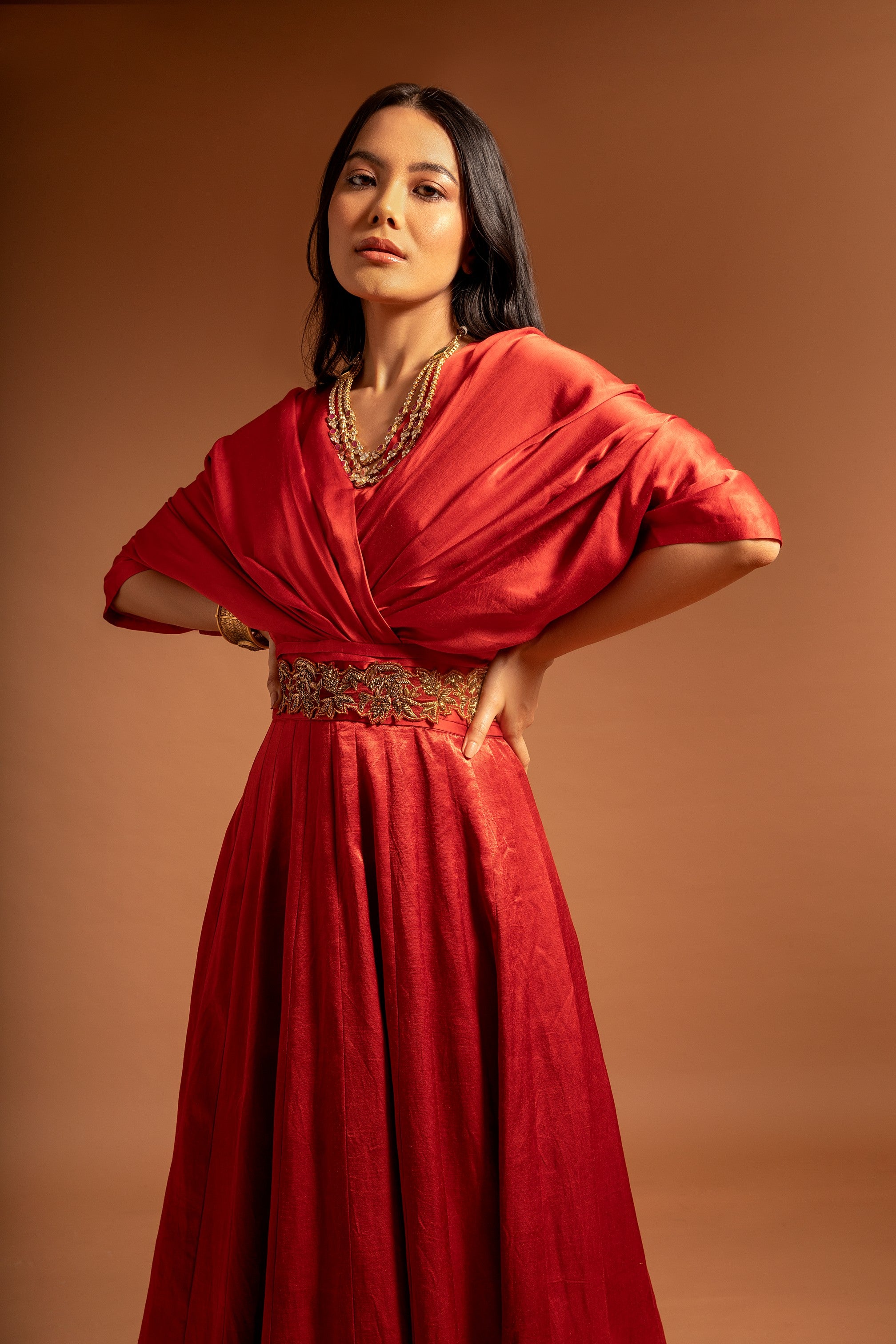 Red ajrakh embroidered gown